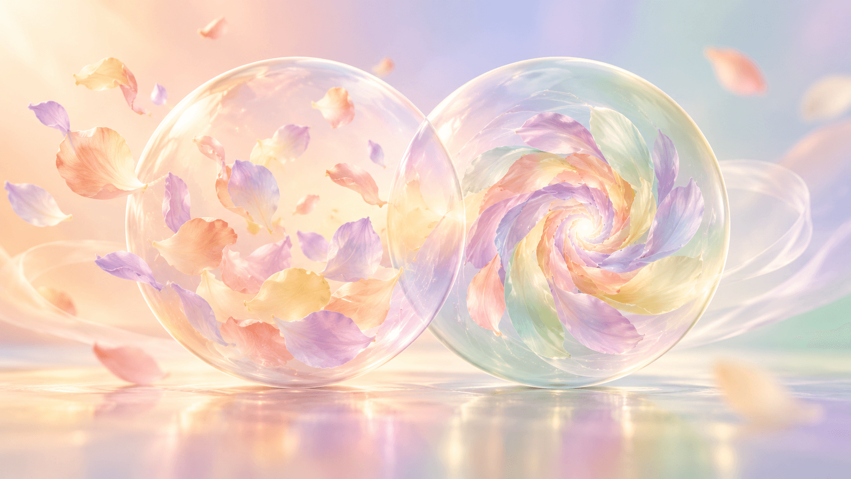 Two translucent pastel orbs, one scattered and one tightly coiled, overlapping in the middle