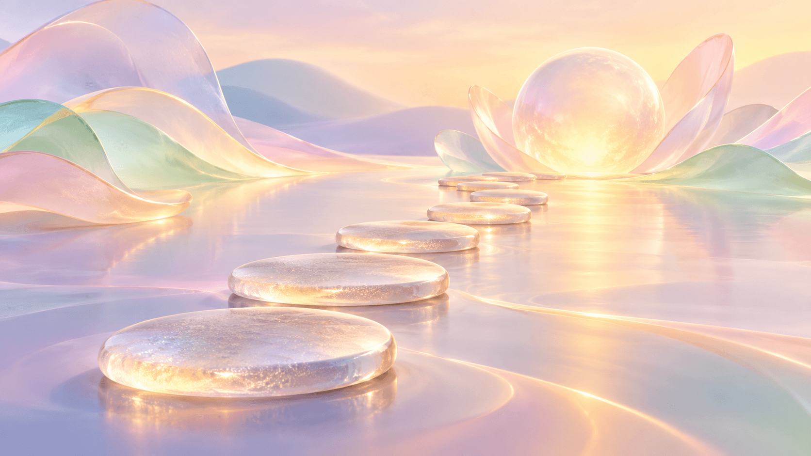 A soft pastel path of frosted glass stepping stones leading towards a glowing translucent sphere