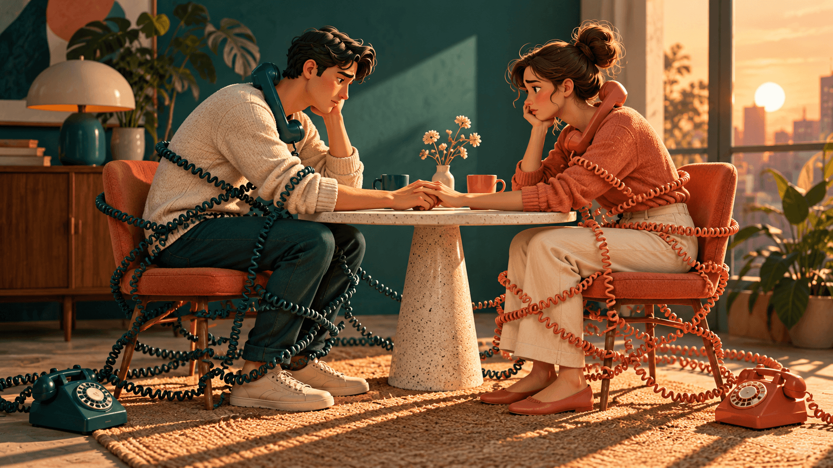 Two seated partners reaching for each other's hands across a small table, tangled telephone cords coiling around both chairs