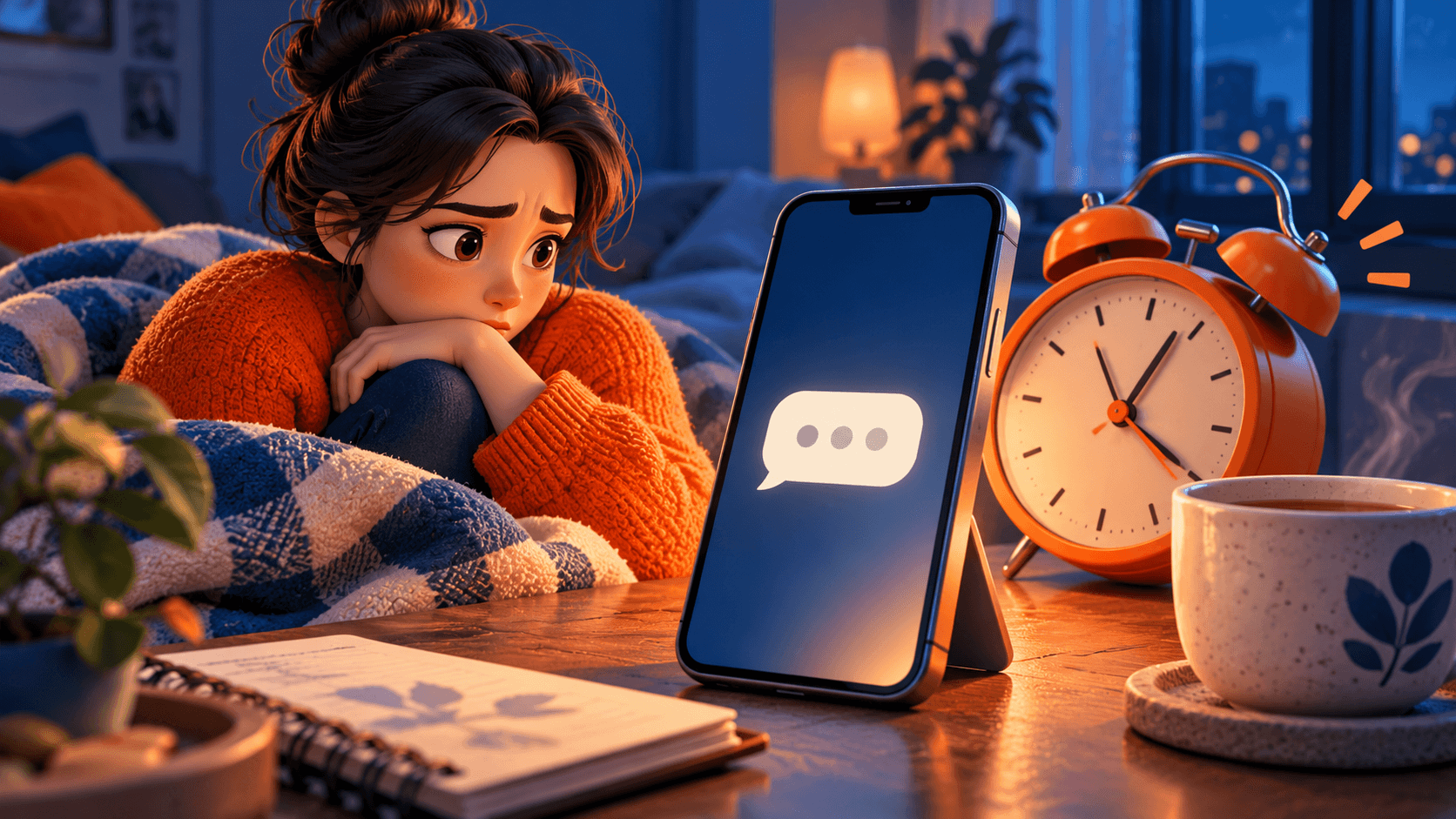 Close-up of a phone showing three waiting message dots beside a ticking alarm clock and an untouched cup of tea