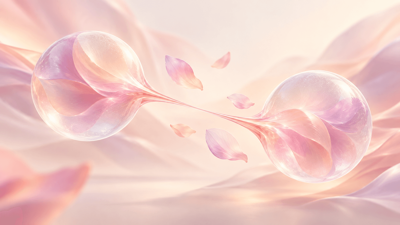 Two frosted glass spheres drifting apart, linked by a thin ribbon of soft pink light