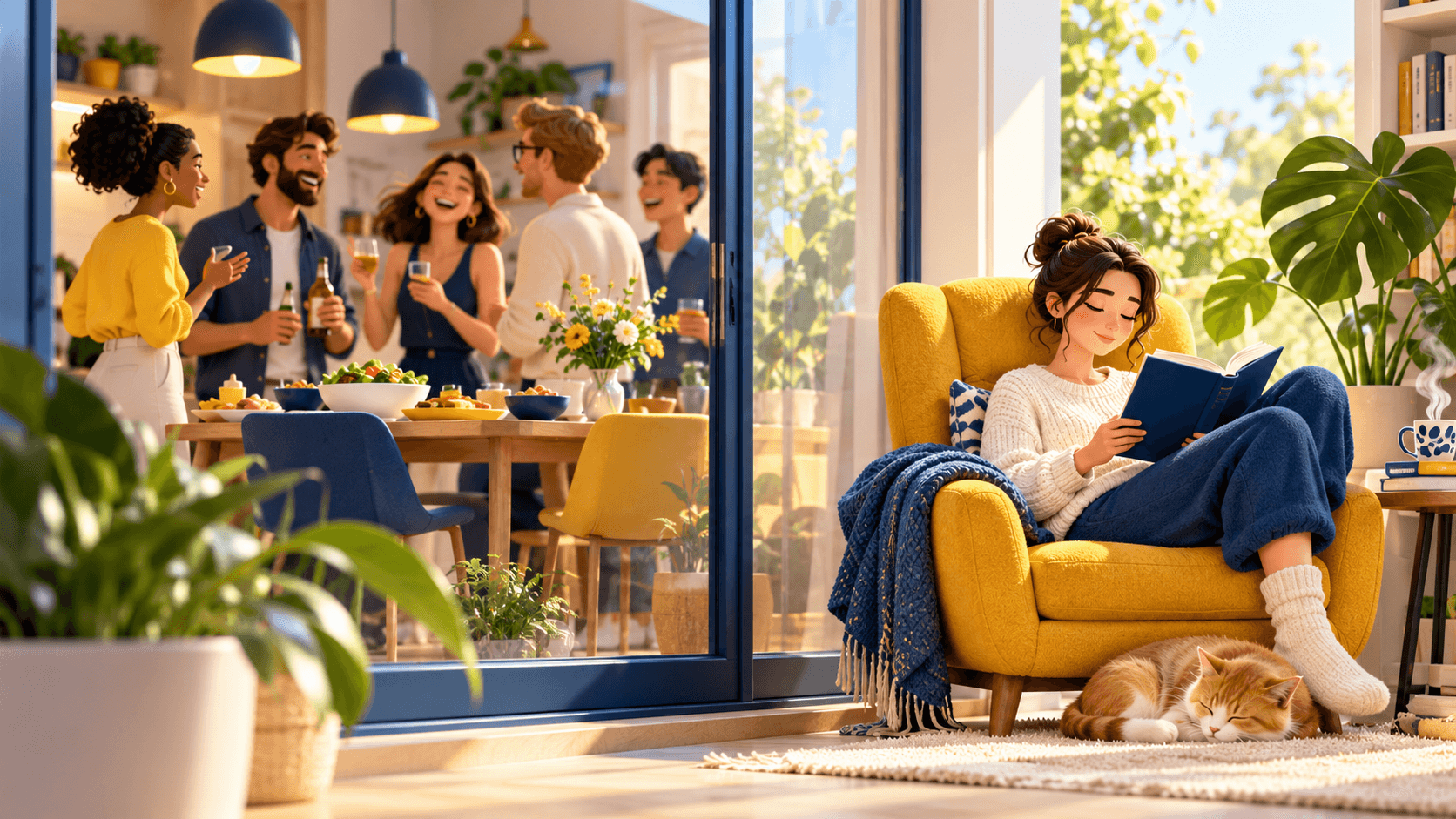 A lively gathering on one side of a window and a content reader in a sunny armchair on the other