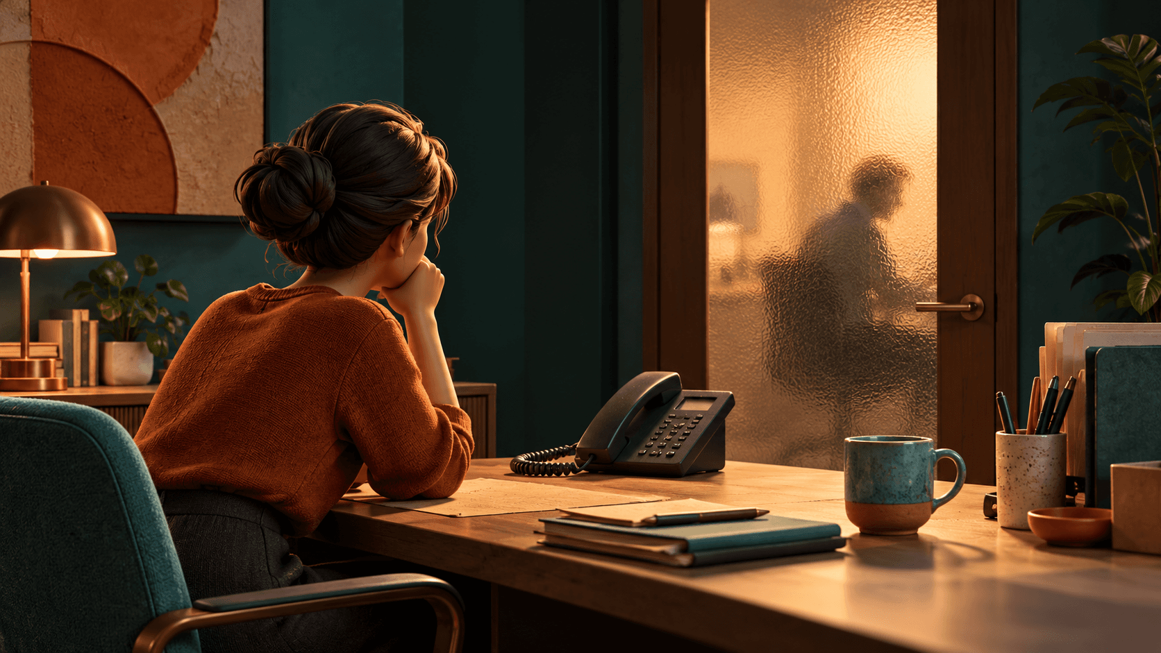 An employee sitting at a desk watching a closed office door, a silent desk phone between them