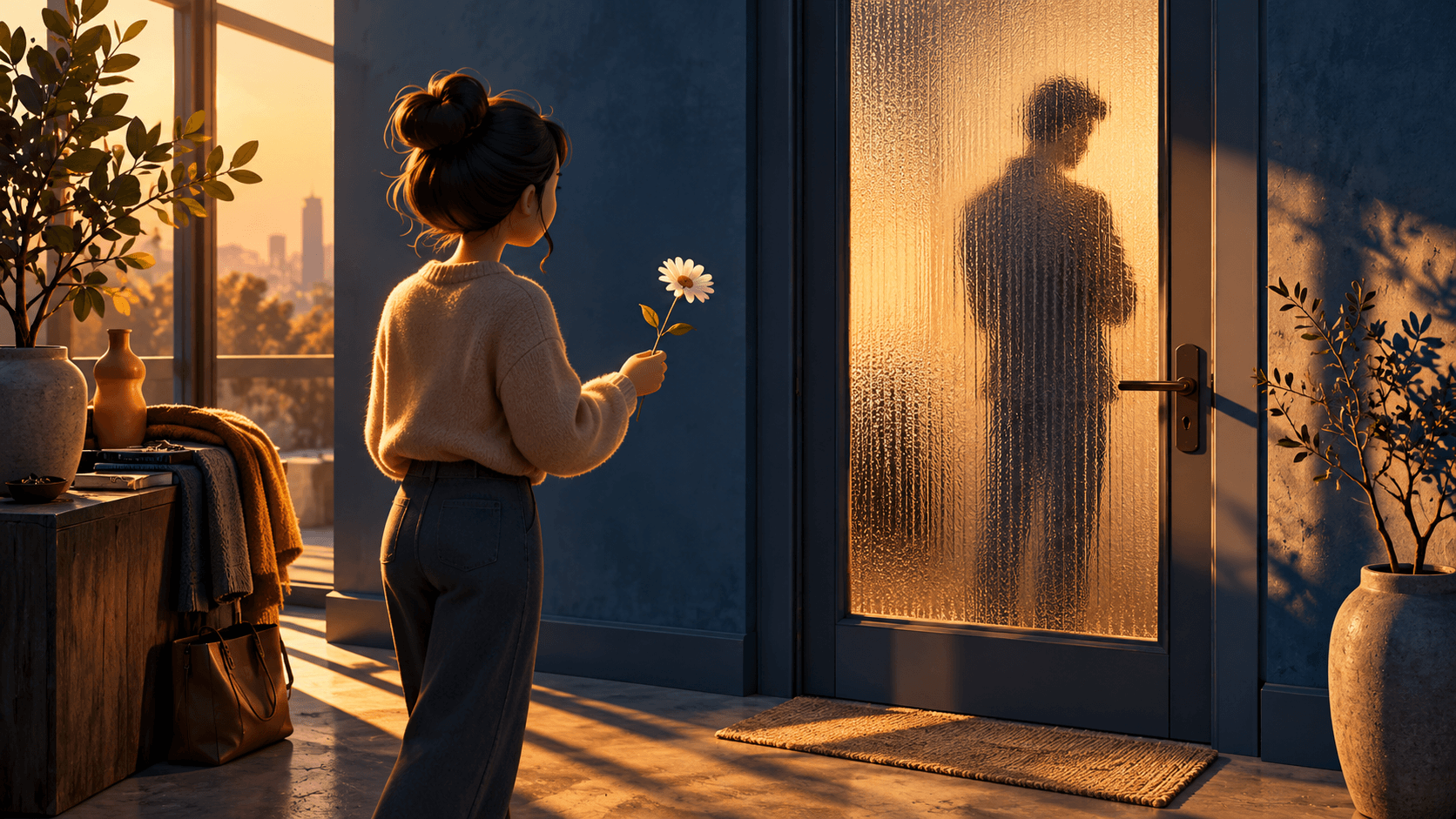 A person offering a flower toward a distant person behind a closed translucent door