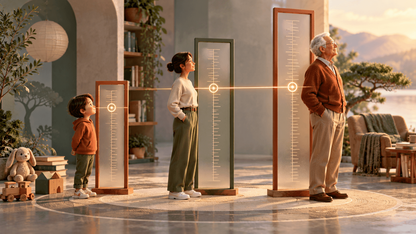 A child, adult and older adult beside three differently sized measuring frames whose central markers align
