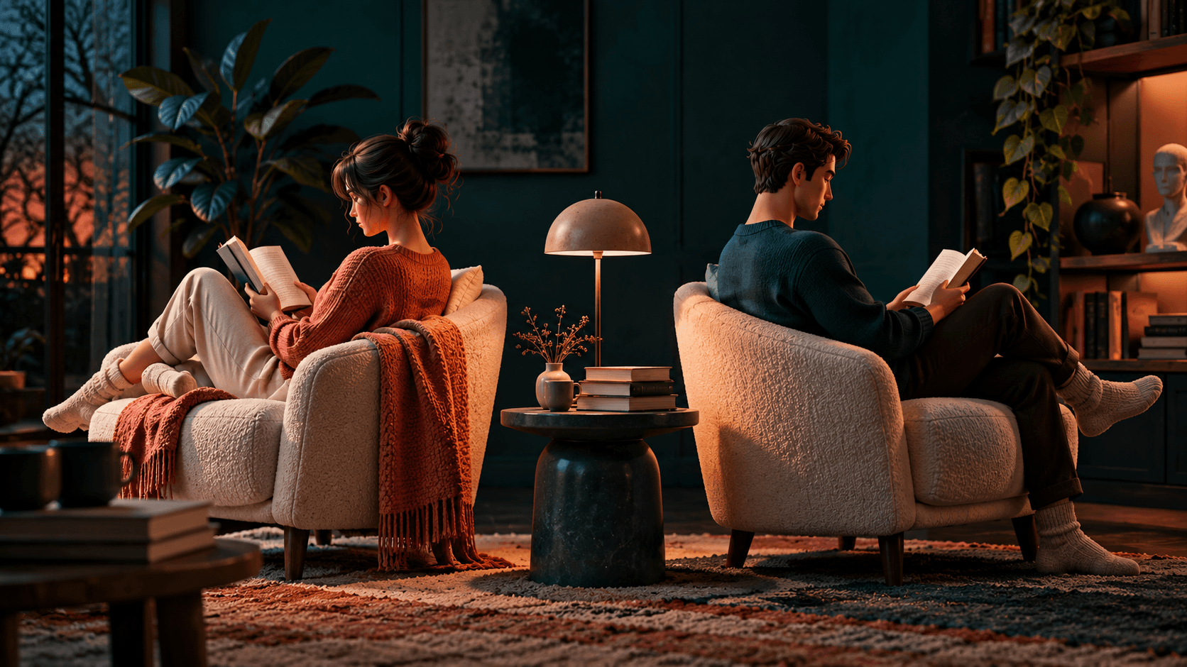 Two people reading in separate armchairs facing away from each other, a small unlit lamp between them