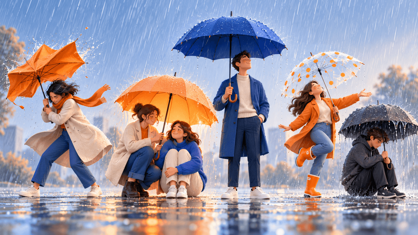 Five different umbrellas responding to the same rain, one bending, one sheltering another, one firmly upright