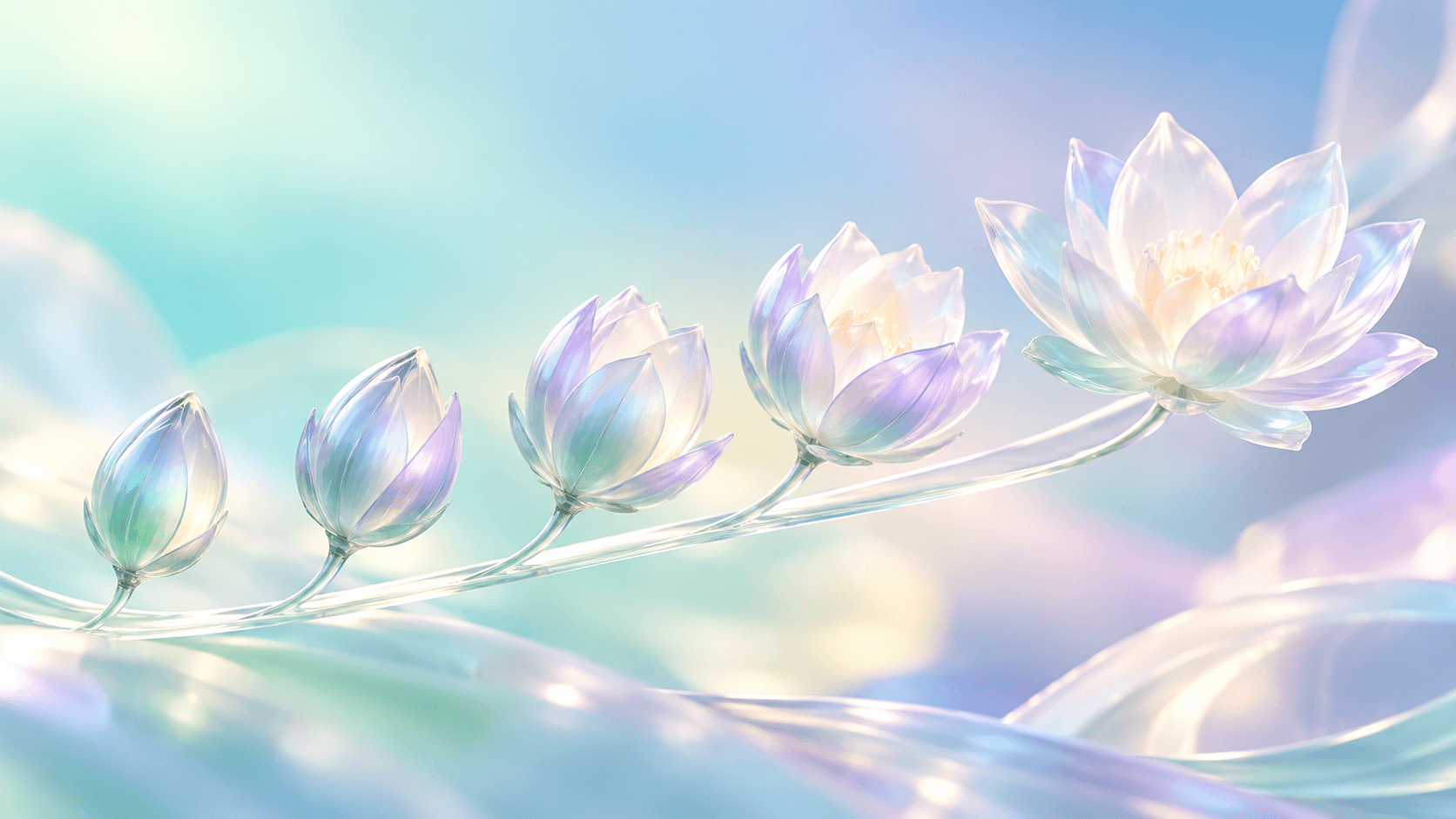 Five translucent glass petals slowly unfolding along a soft gradient path, symbolising gradual personality change