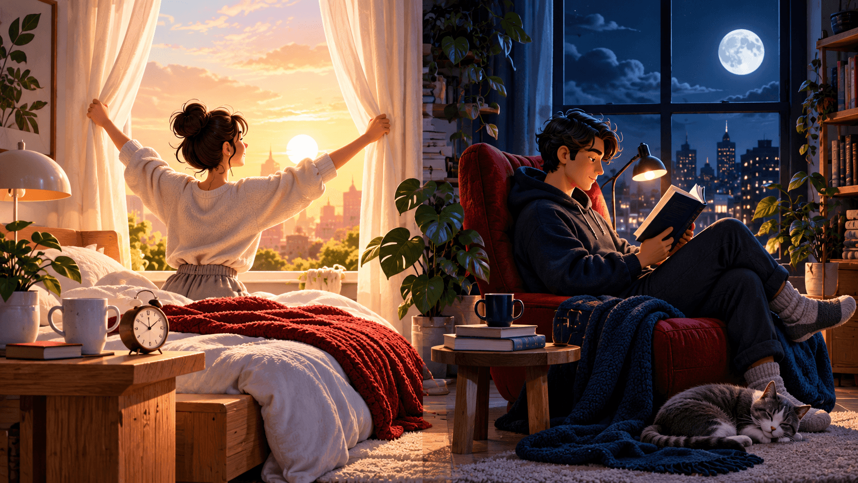 A split scene of an early riser opening sunny curtains and a night owl reading beneath a moonlit window