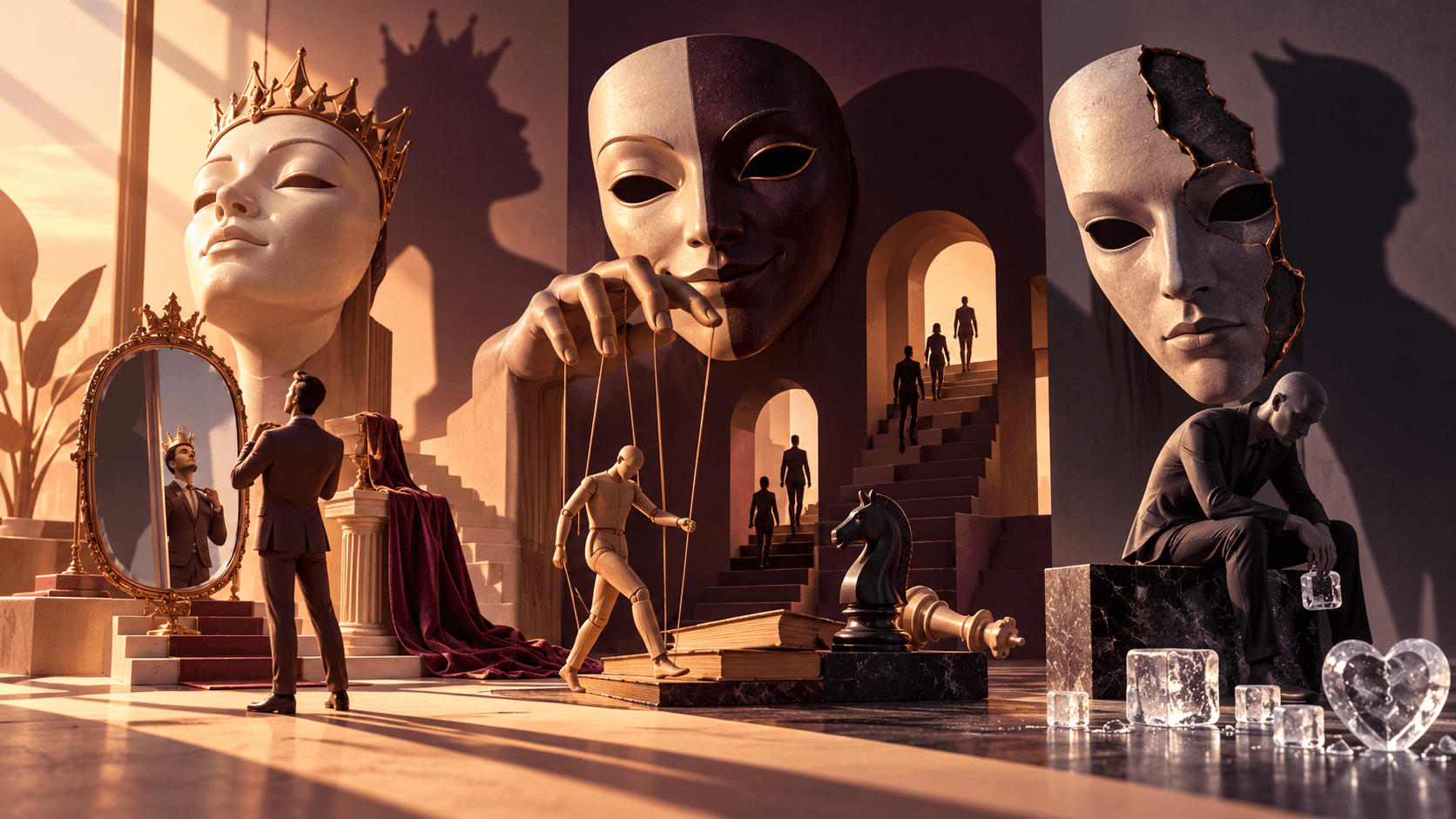 Three theatrical masks casting large ominous shadows, representing manipulation, vanity and coldness