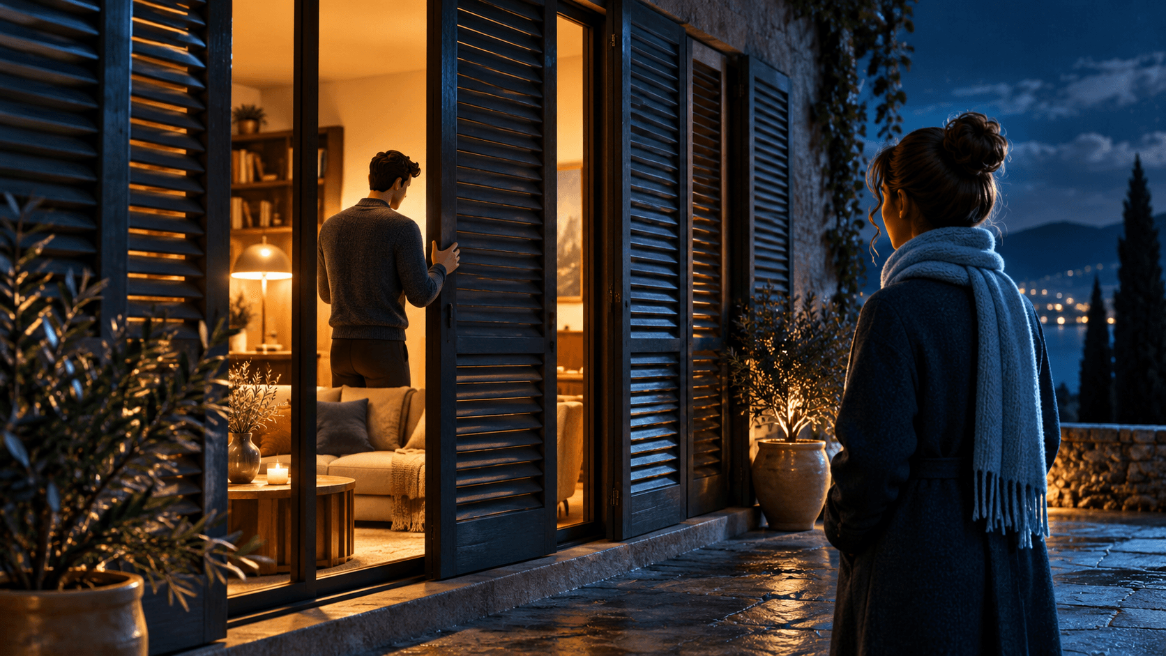 A person closing a series of shutters on a warmly lit room while another person stands outside