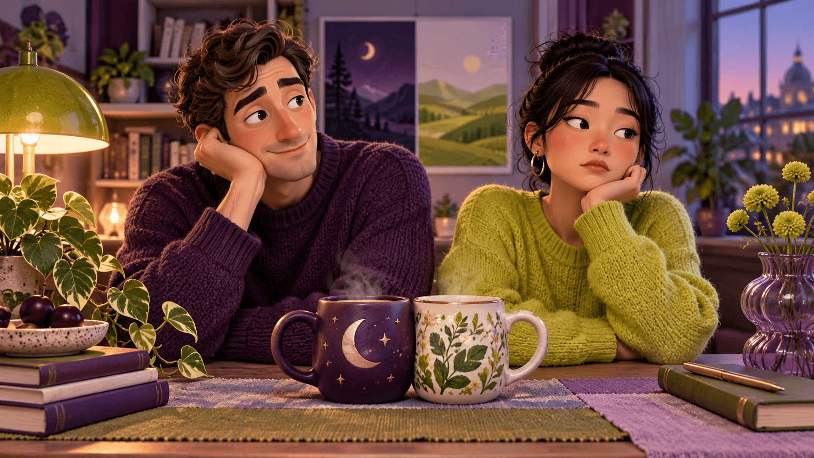 Two people in contrasting clothing seated together, their very different mugs resting side by side
