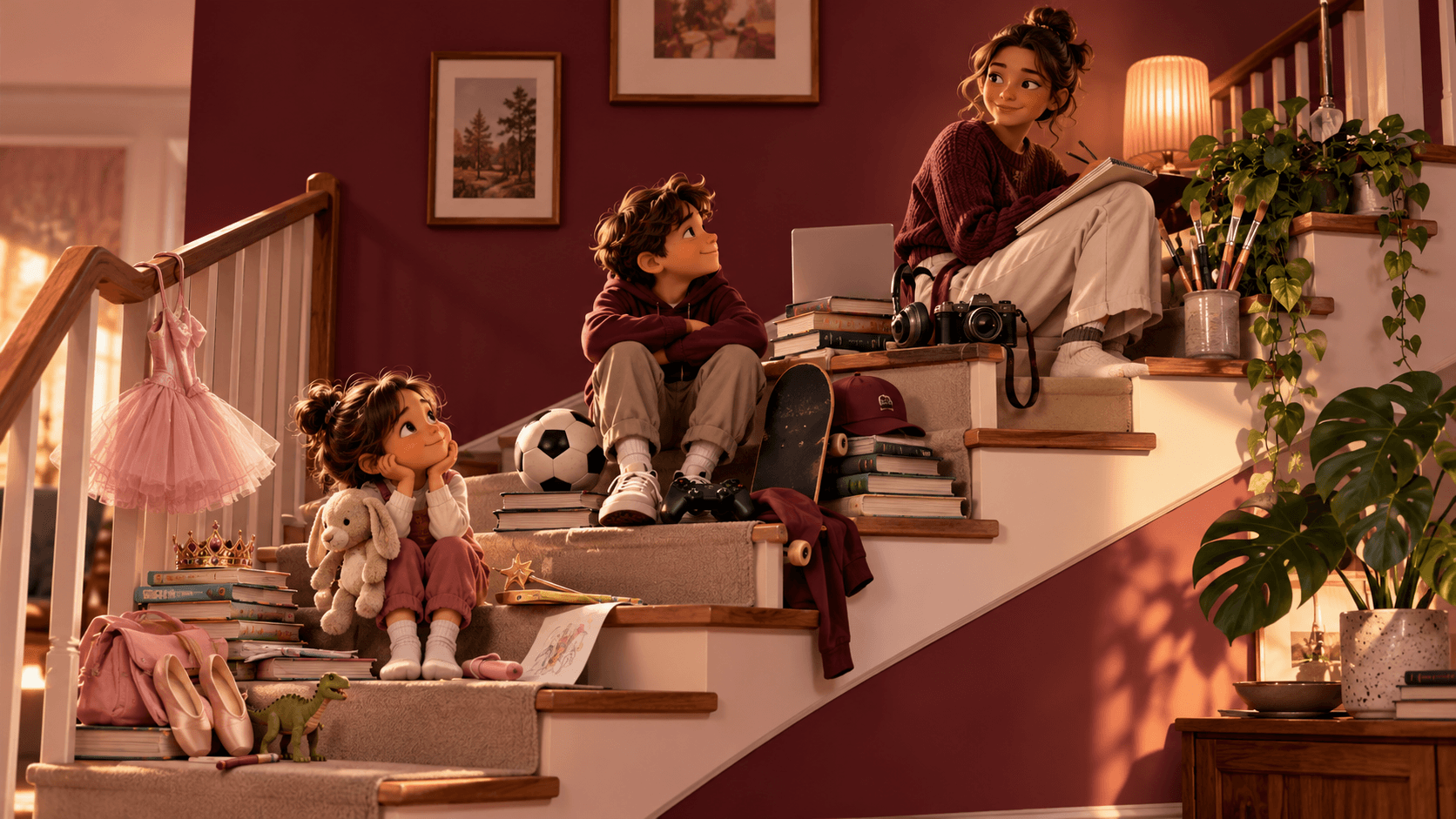 Three siblings of different heights on a staircase, their toys and interests crossing between steps