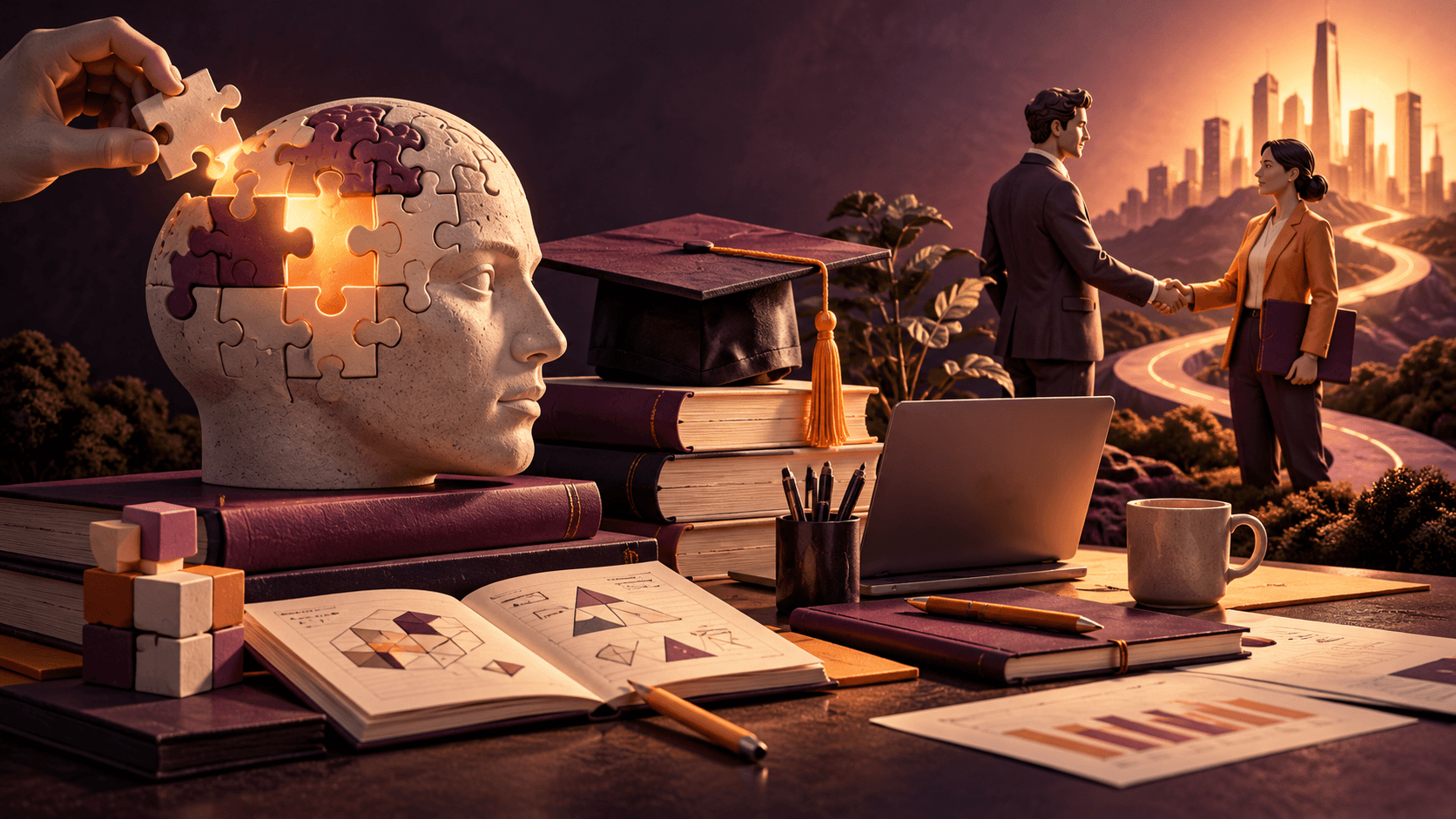 A balanced arrangement of a reasoning puzzle, a graduation cap, work tools and a handshake