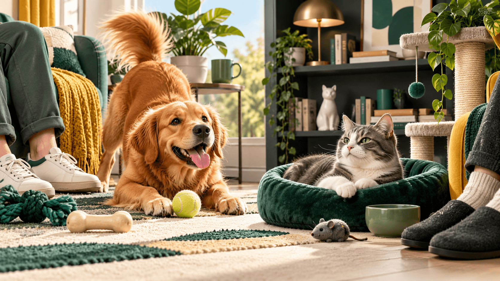 A playful dog beside a relaxed cat, two owners' shoes and distinct living-room corners visible