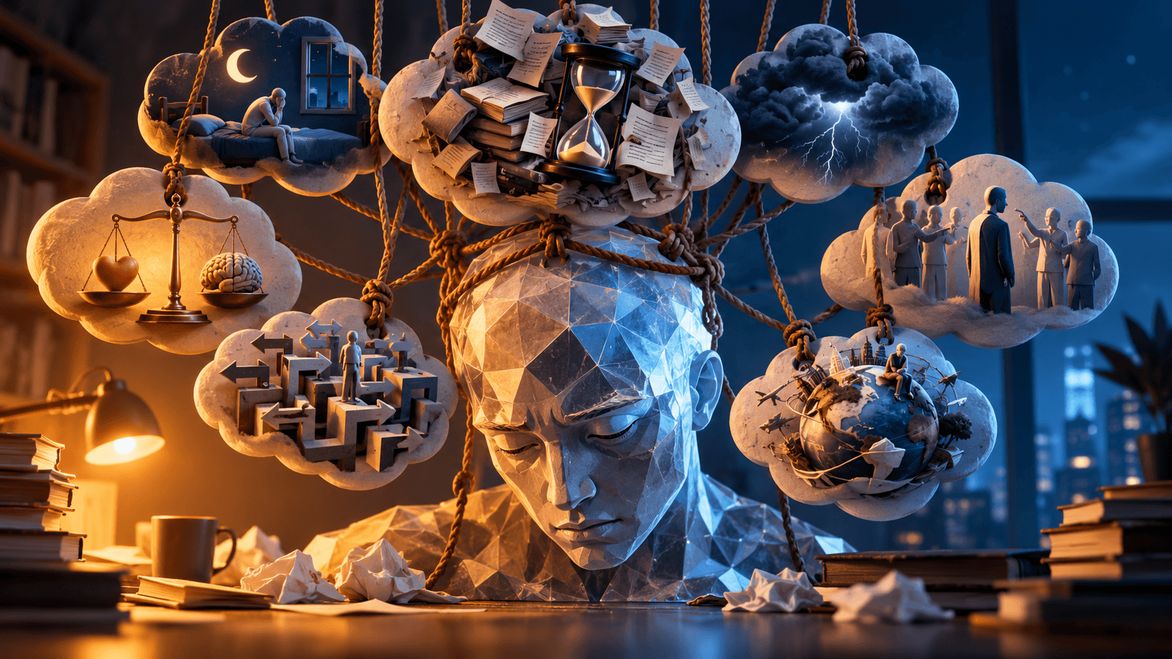 A finely faceted brain sculpture under the weight of too many hanging thought bubbles