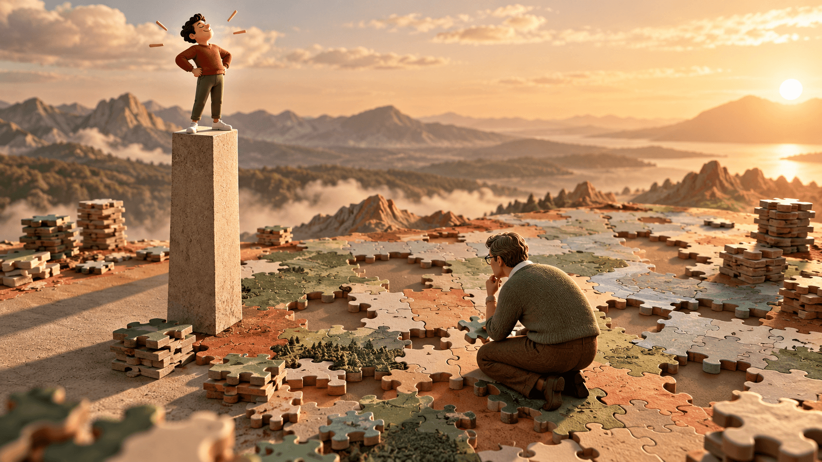 A tiny beginner on a tall narrow pedestal beside an expert examining a broad field of unfinished puzzle pieces