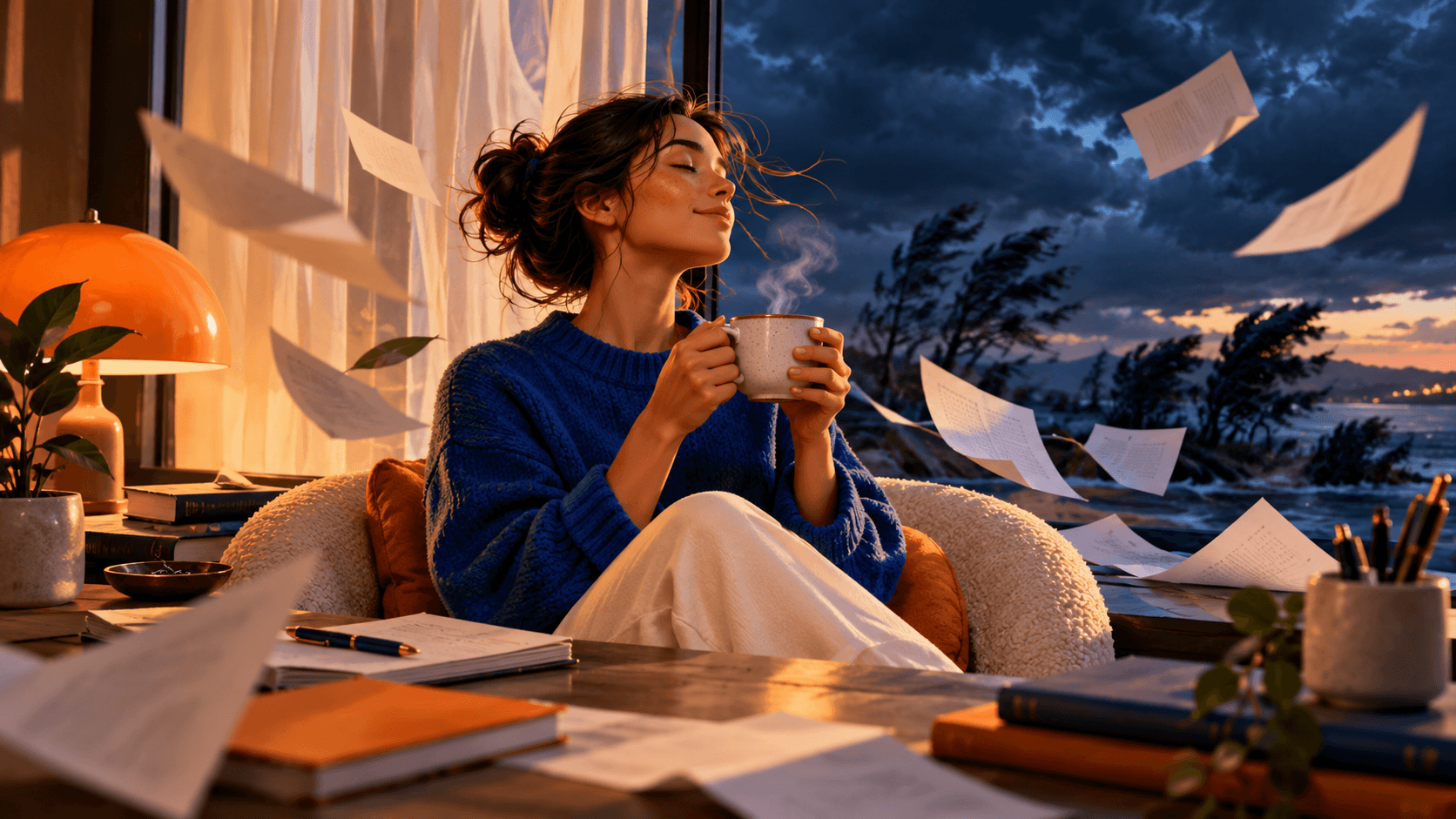 A person holding a steady cup of tea while wind moves curtains and papers around them
