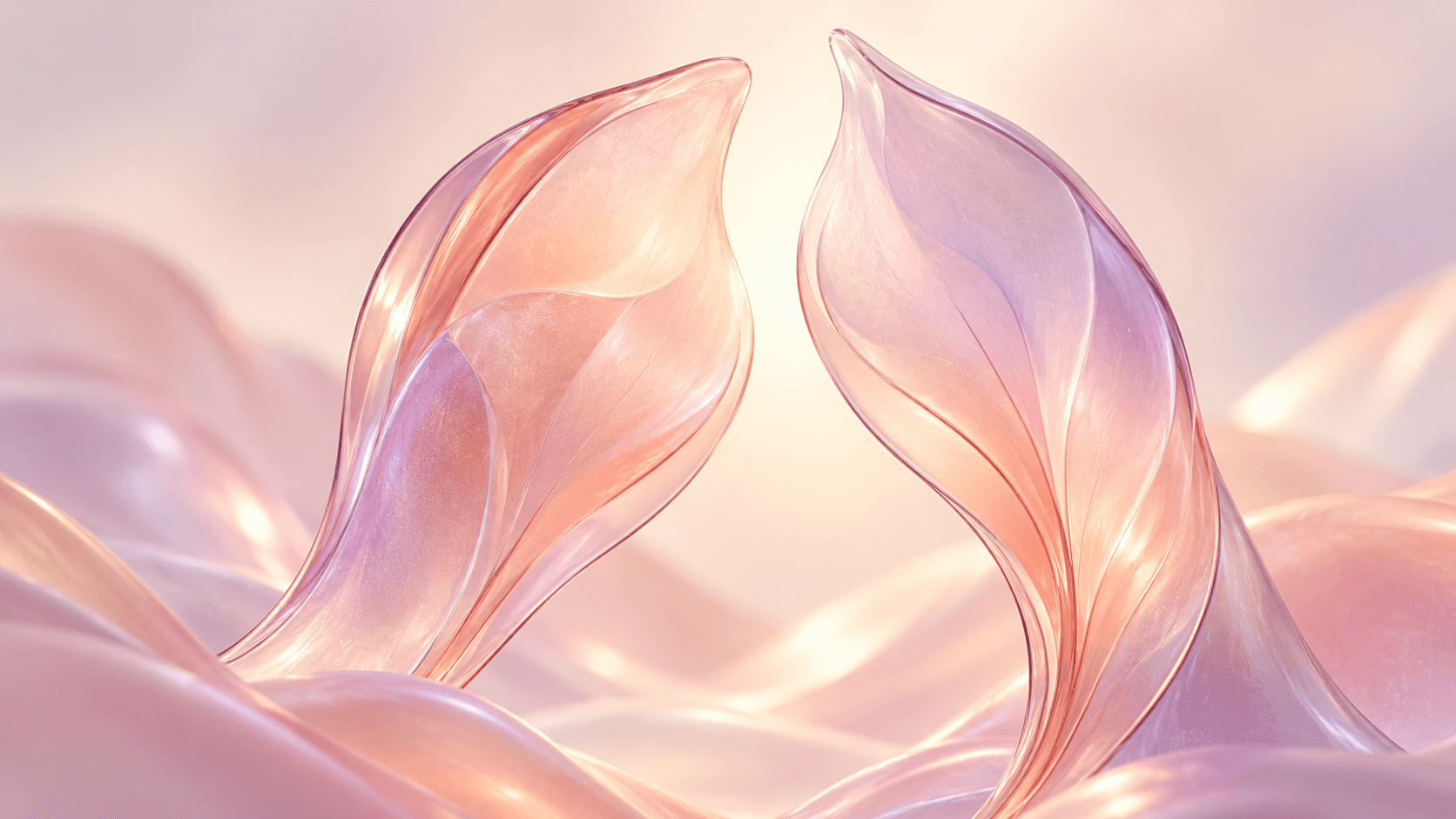 Two translucent glass petals curving toward each other with a small gap of light between them