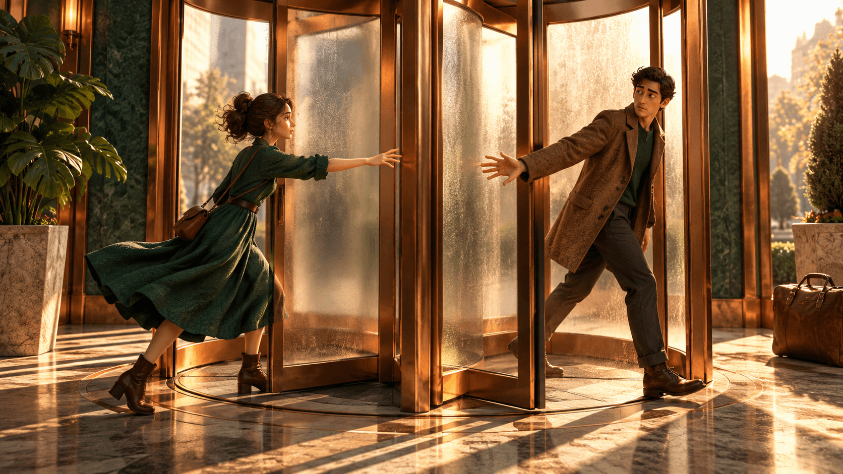 Two people on opposite sides of a revolving door, reaching toward each other as the door turns