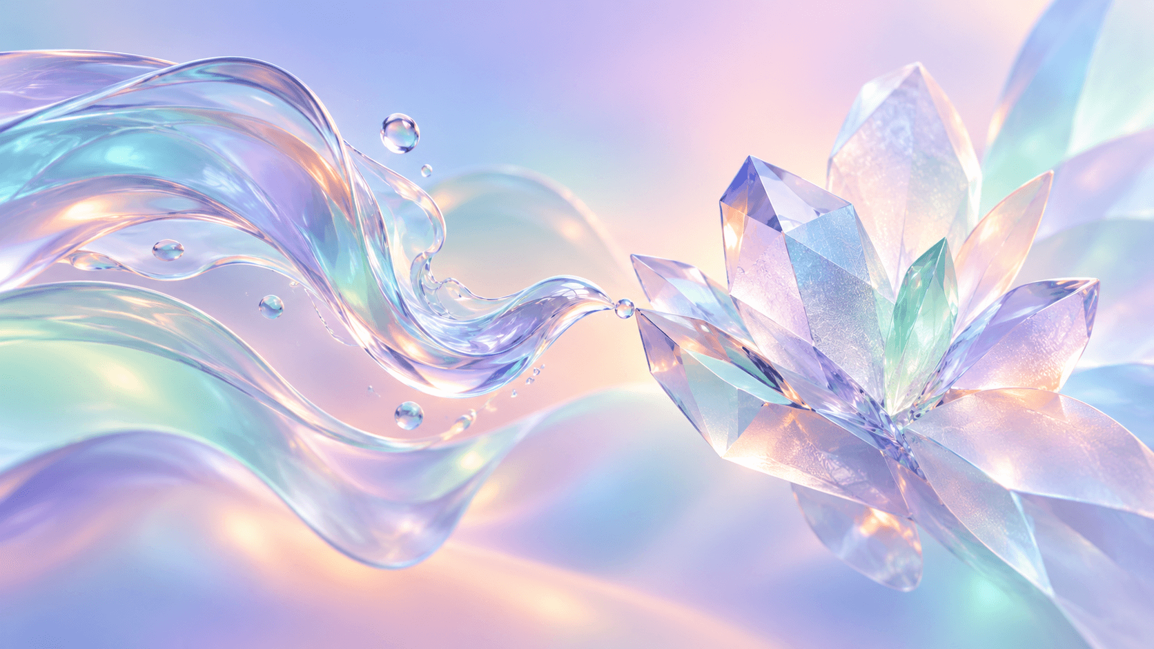 A flowing translucent liquid form beside a faceted glass crystal on a pastel background