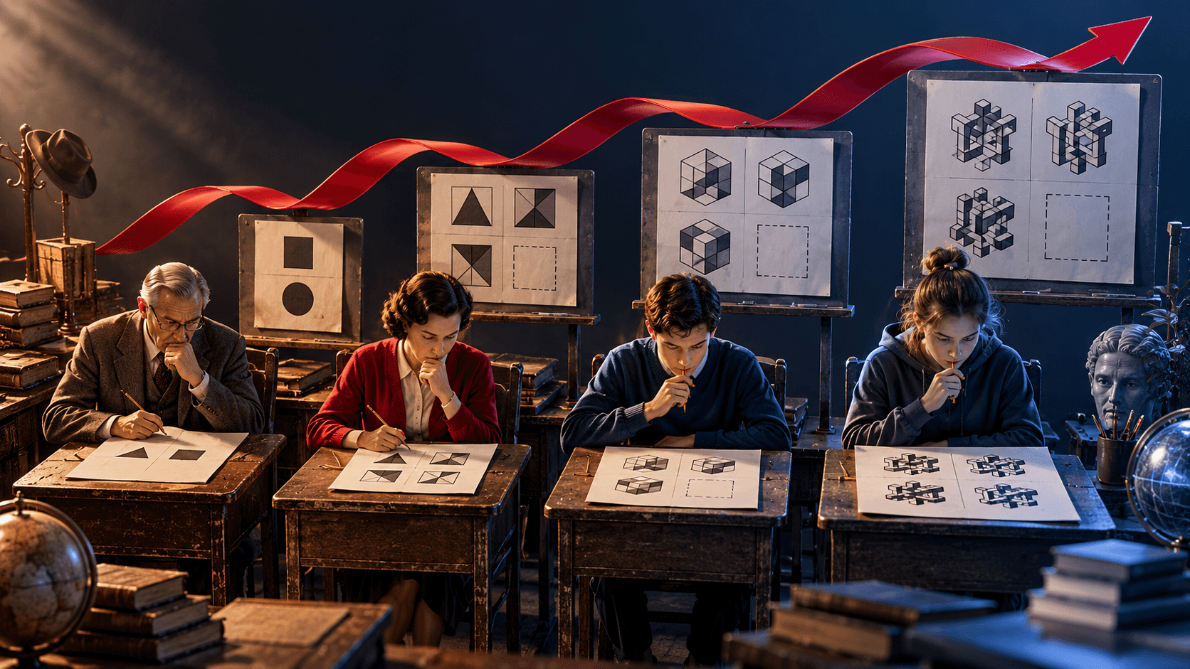 A succession of vintage classroom desks with increasingly complex geometric puzzles and a gently rising ribbon