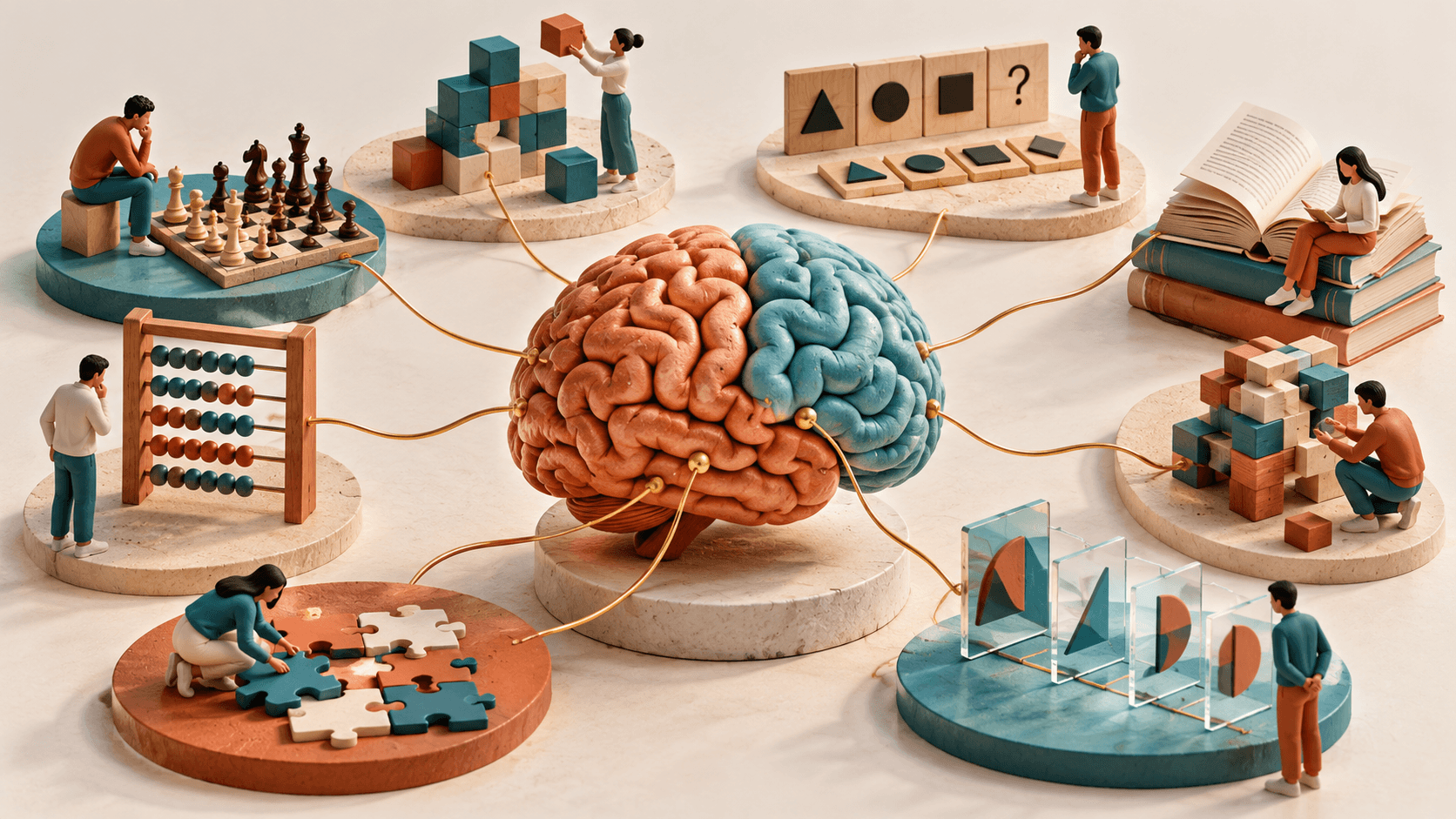 Several distinct reasoning puzzles connected by fine threads to one central brain sculpture