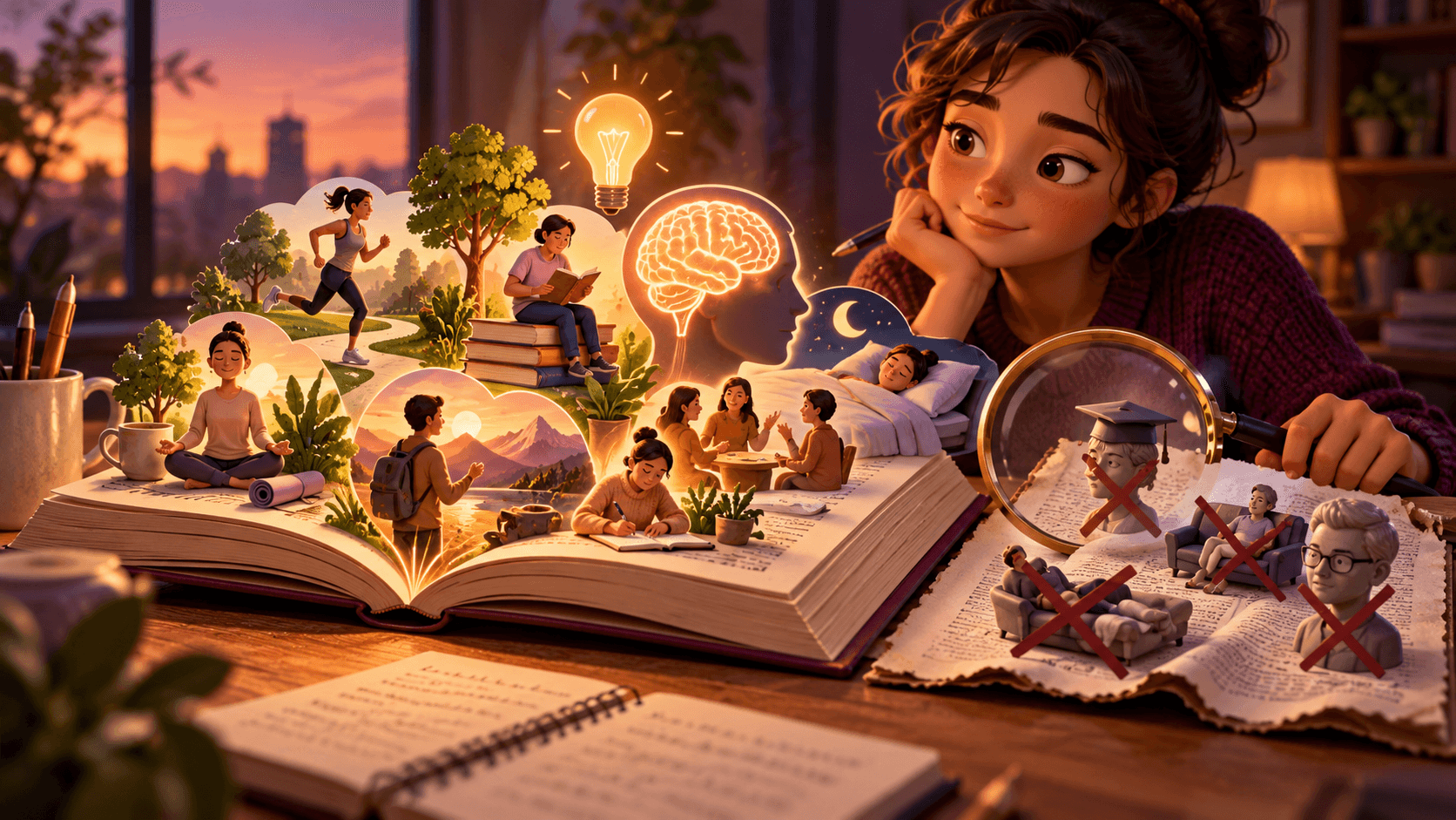An open book, handwritten observation notebook and magnifying glass beside a curious person's hand
