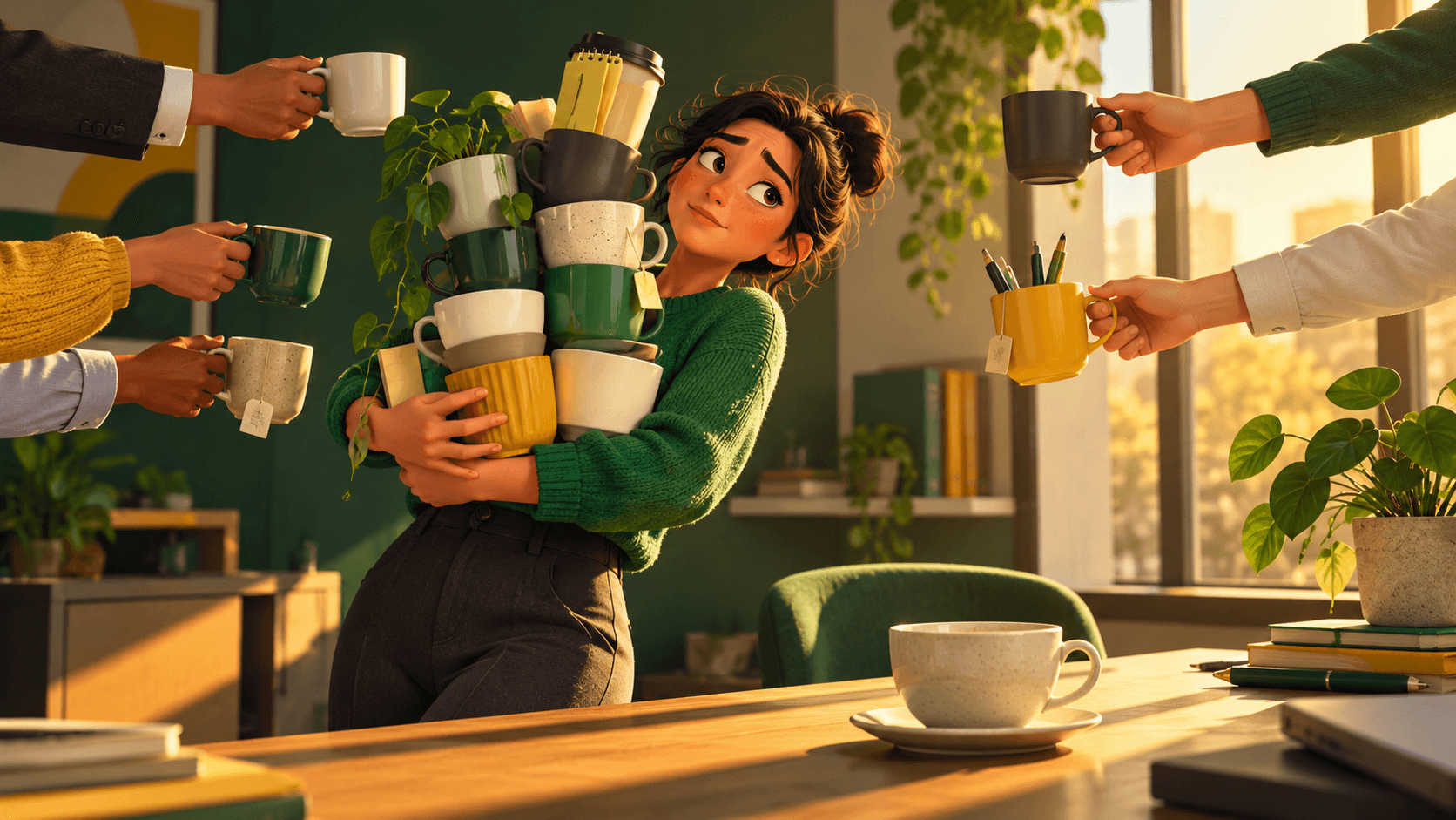 A person carrying a stack of other people's cups while their own empty cup sits neglected