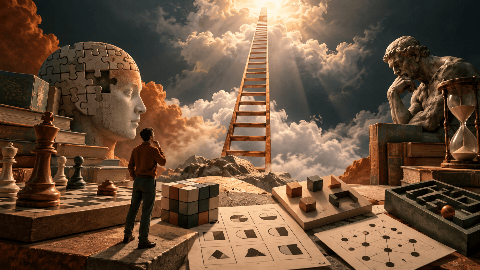 A tall measuring ladder disappearing into clouds above several different reasoning puzzles
