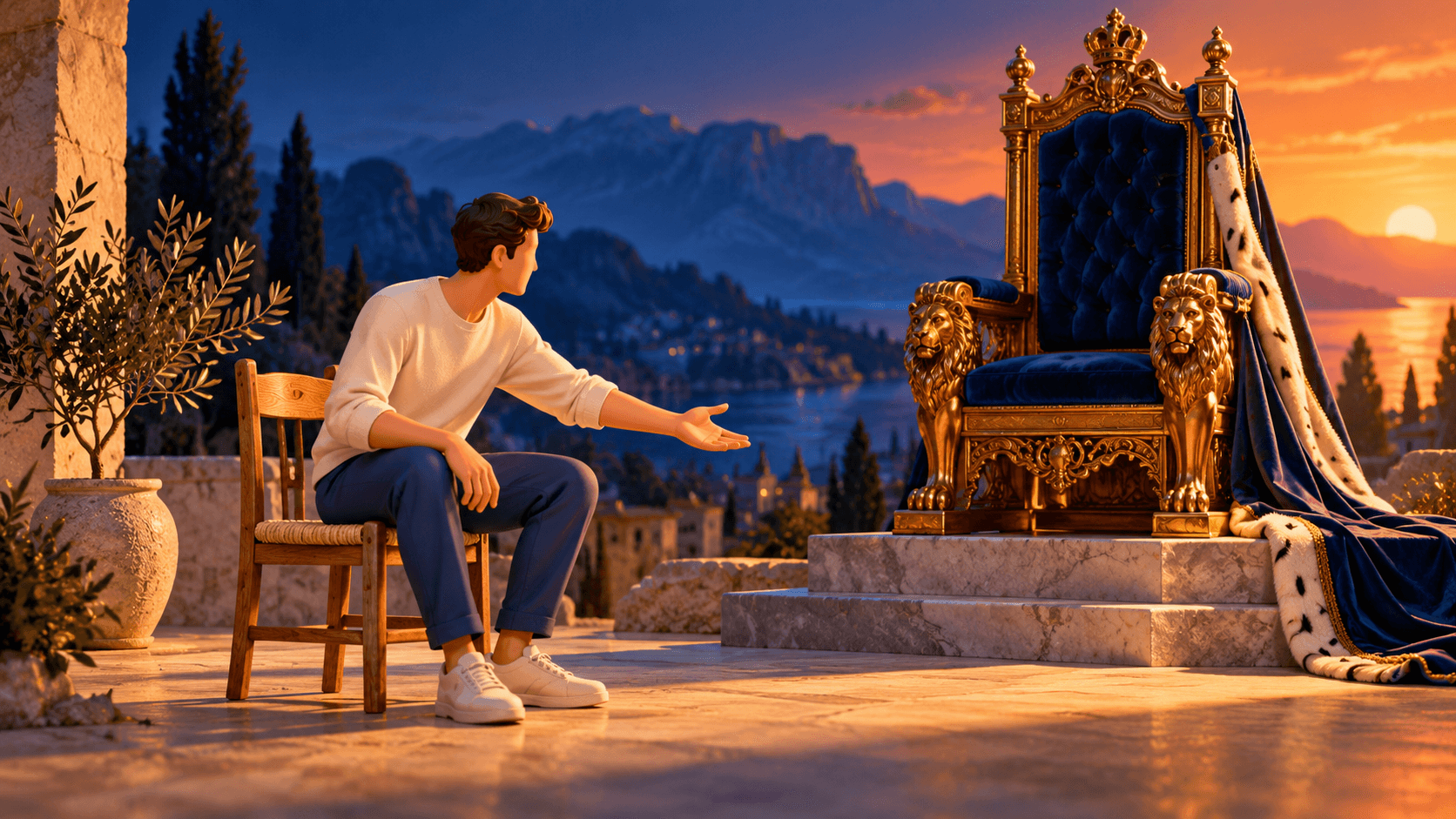 A simple unadorned chair beside an ornate throne, a person choosing the simple seat and offering a hand