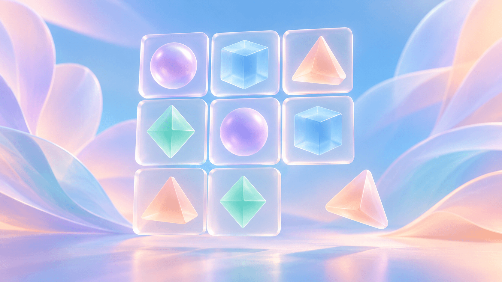 Floating frosted glass puzzle tiles arranged in a three by three grid with one missing piece