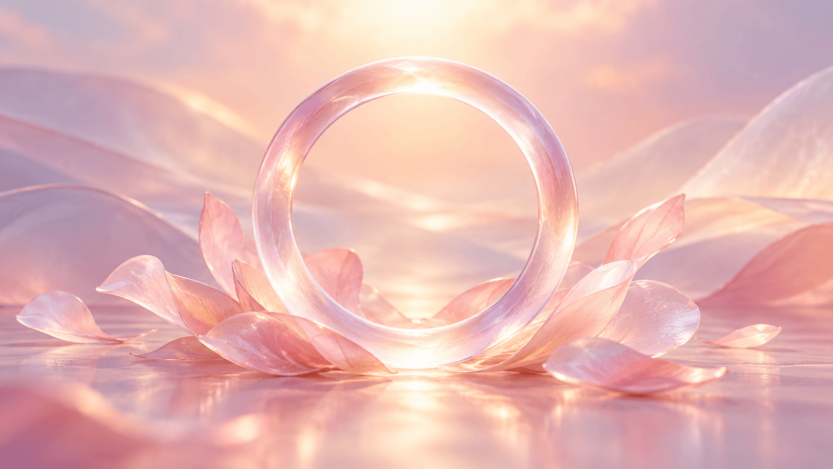 A translucent glass ring closing into a full circle, surrounded by settling pastel petals
