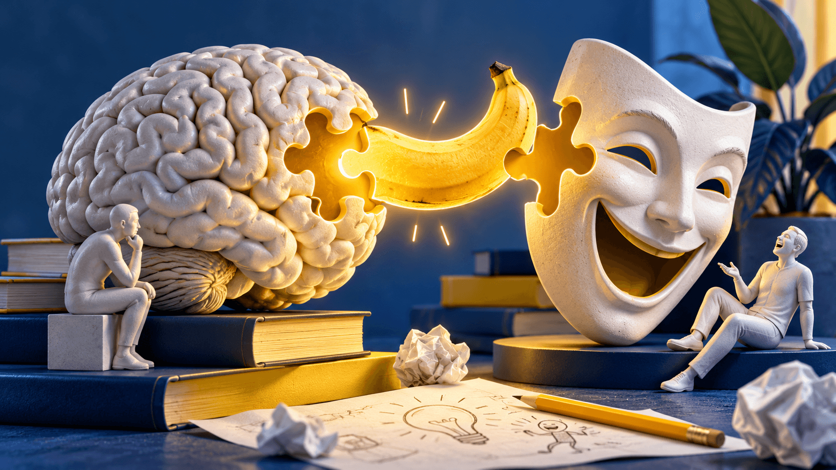 A sculptural brain beside a theatrical comedy mask, a surprising banana-shaped puzzle piece linking them