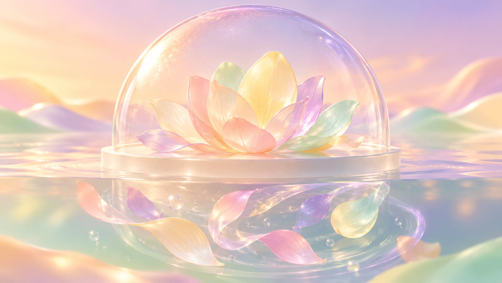 Translucent pastel petals resting quietly inside a frosted glass dome, a few drifting softly upward