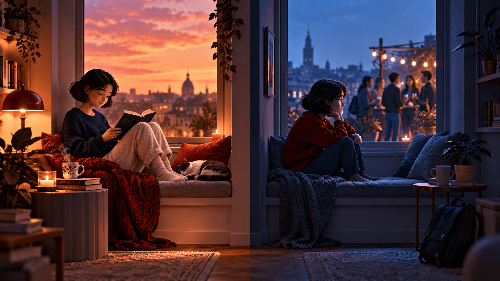 Two identical window seats, one with a peaceful reader and one with a person watching a distant group
