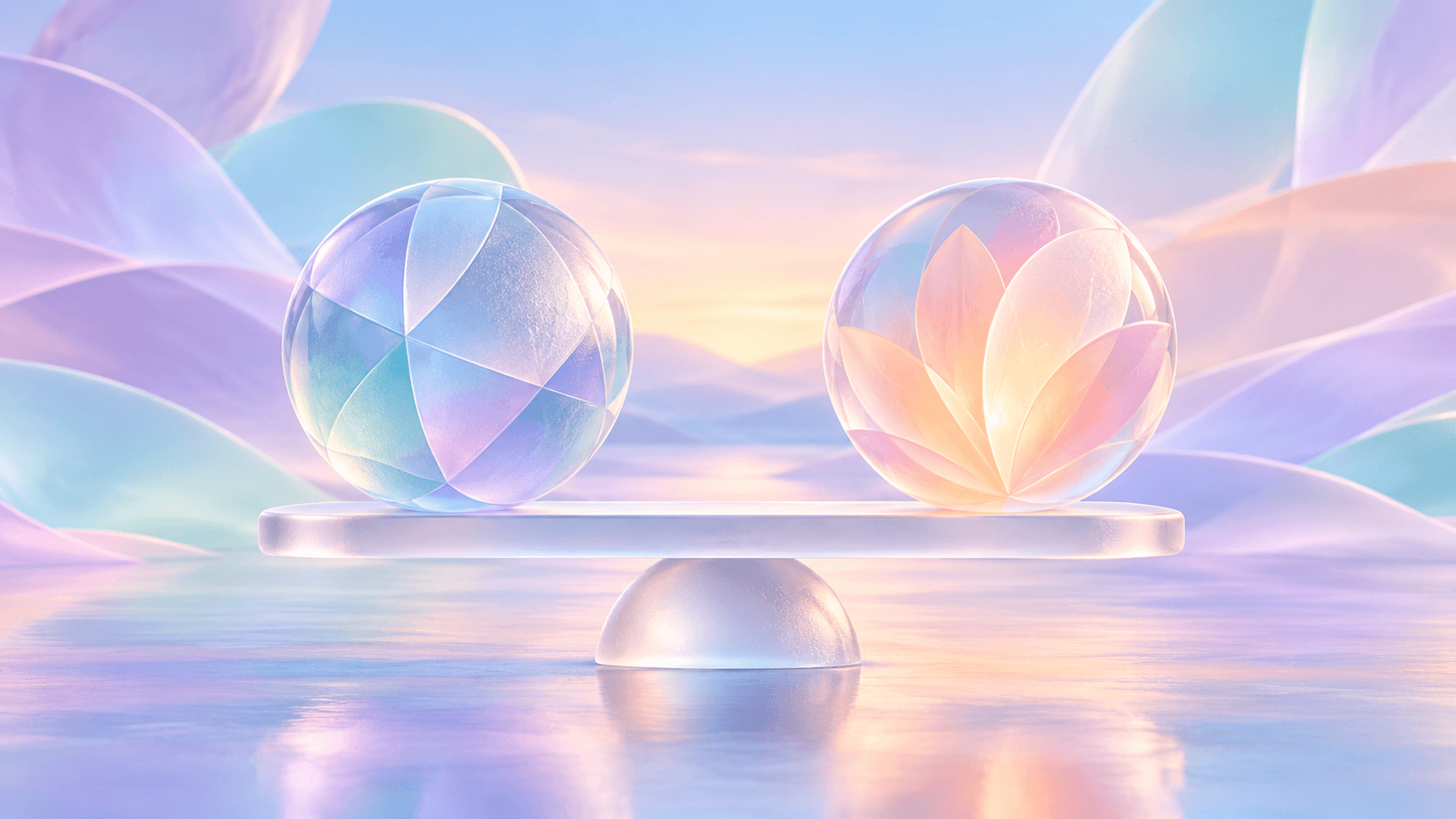 Two translucent glass spheres, one geometric and one softly glowing, balanced on a gentle scale
