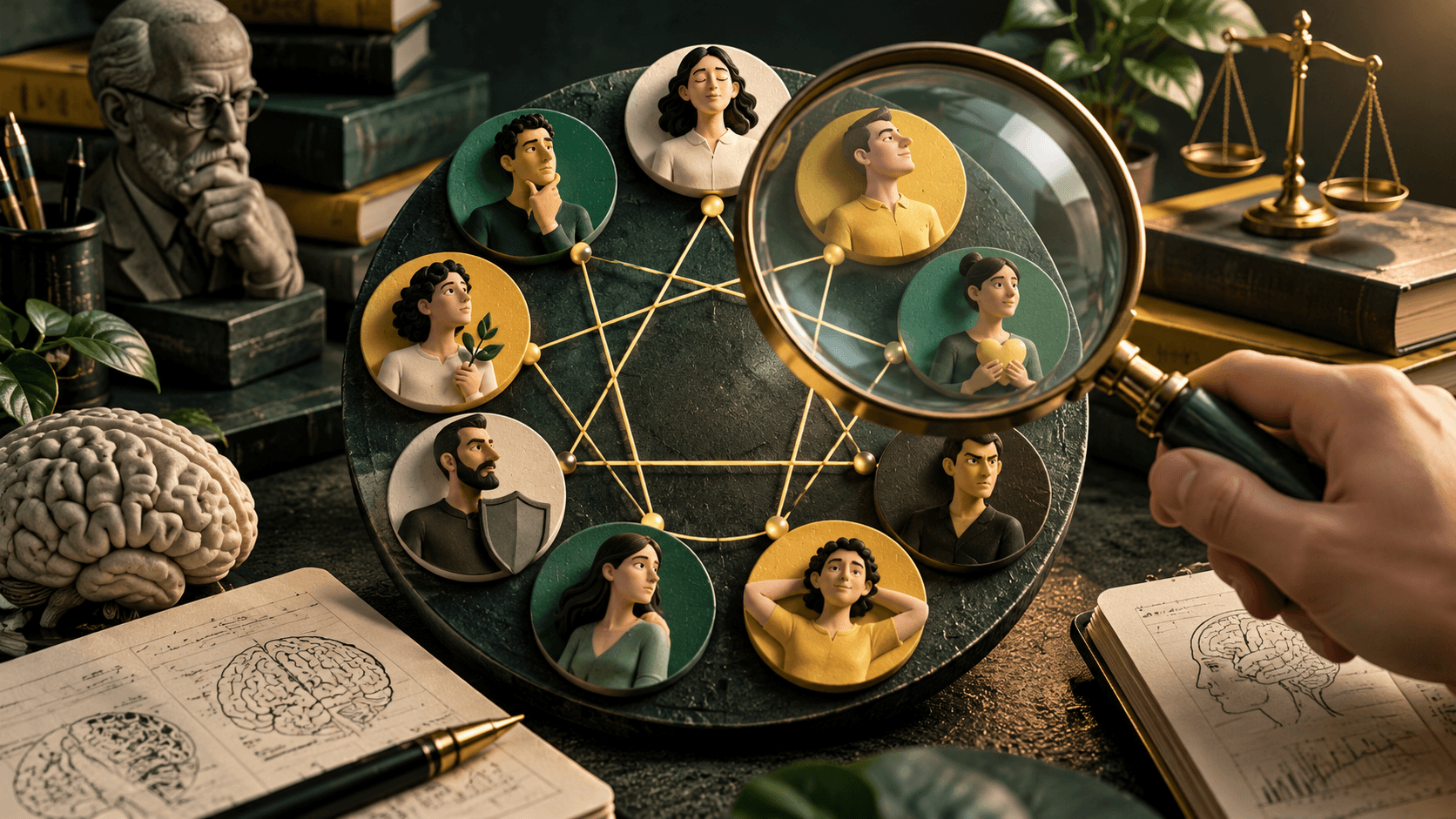 Nine interconnected portrait tokens arranged around a wheel, examined beneath a questioning magnifying glass