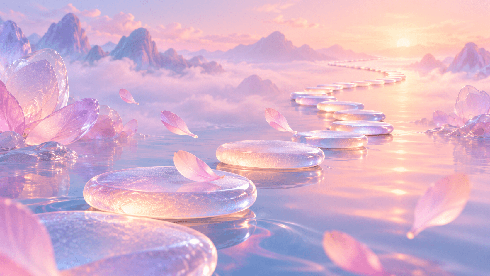 A winding path of glowing glass stepping stones leading into a pastel landscape