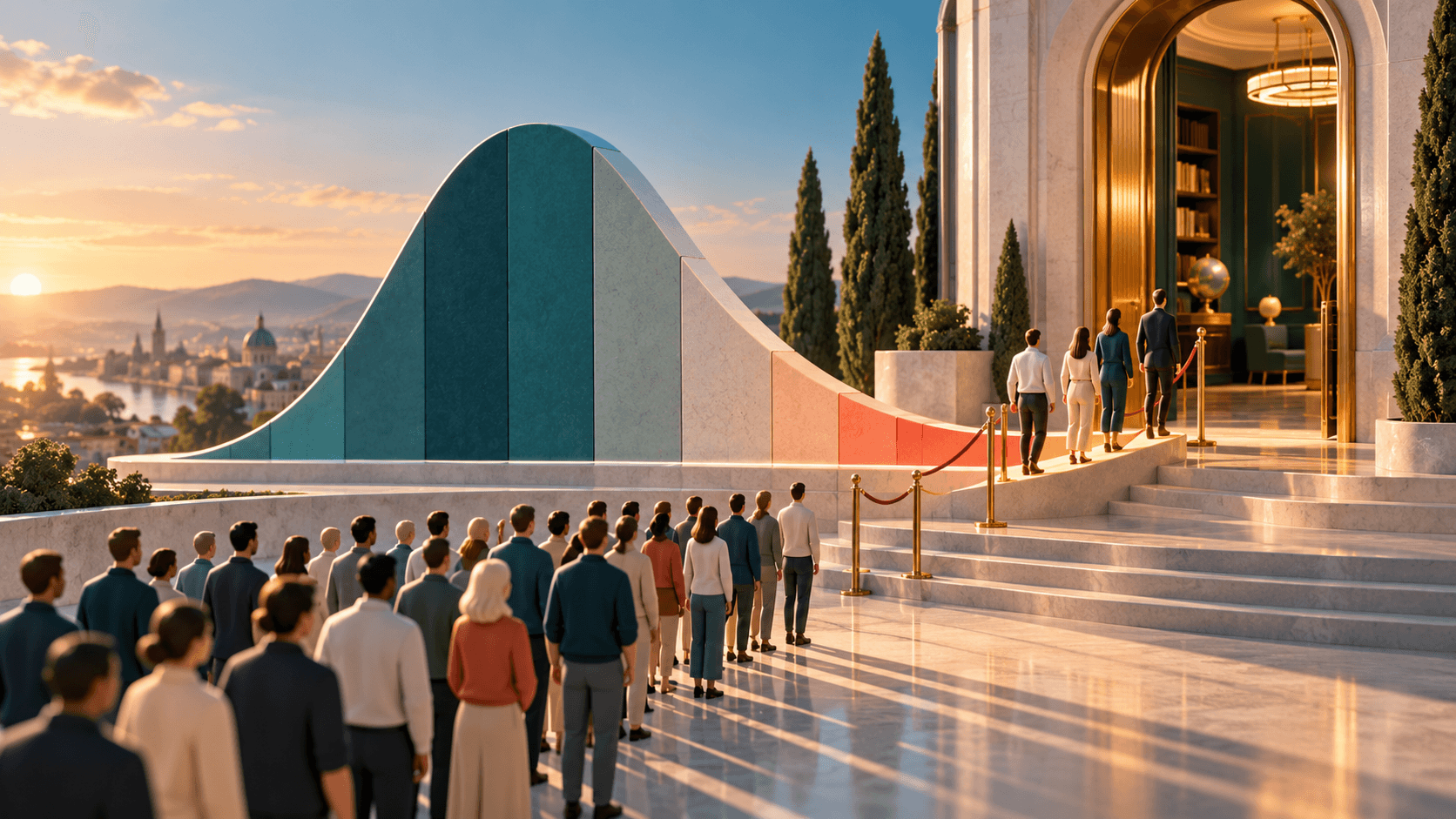 An entrance doorway beside a bell-curve sculpture, a small highlighted group of tokens at its far tail
