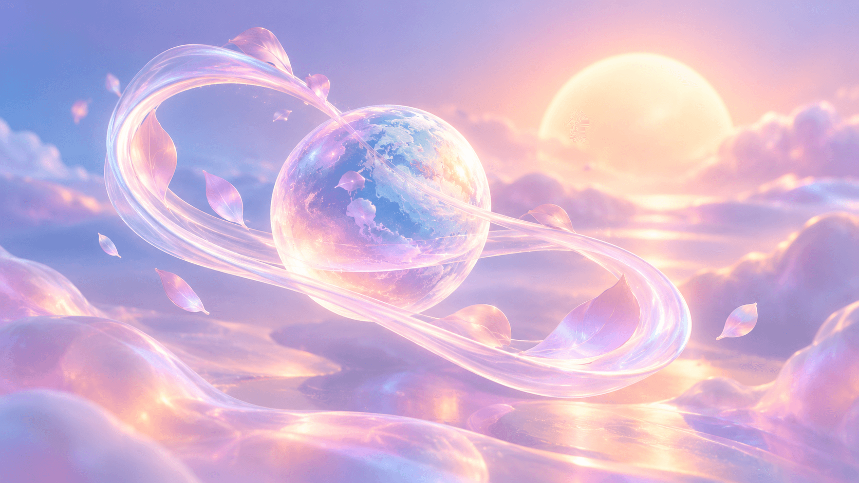 A small frosted glass planet tracing a looping pastel orbit