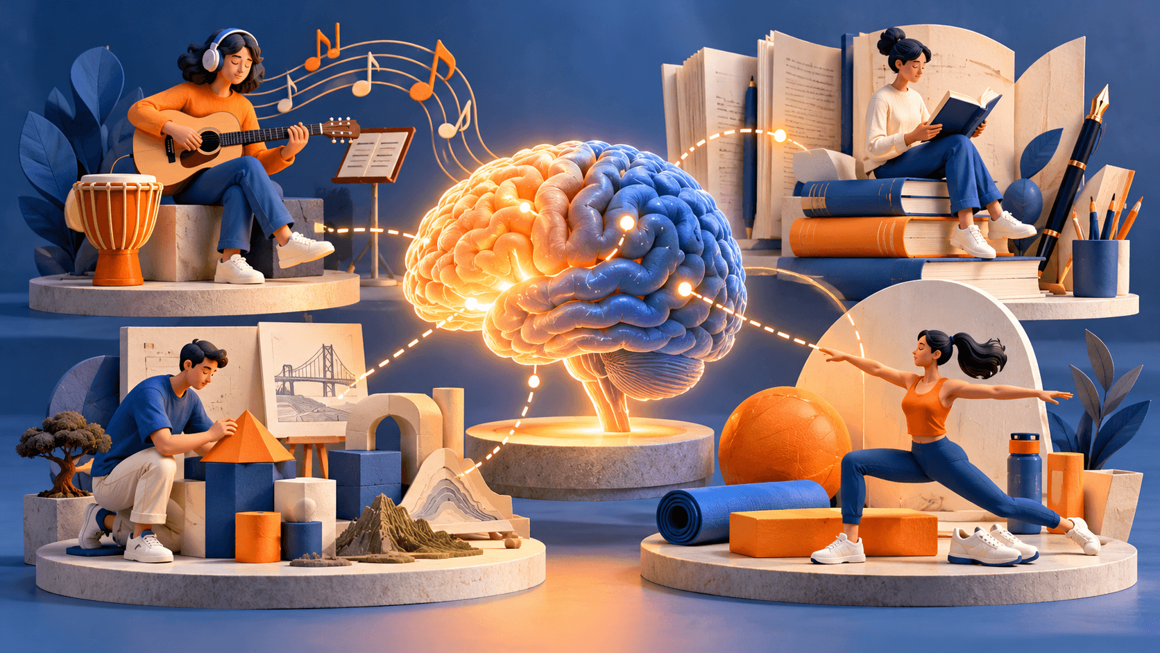 A brain surrounded by separate objects for music, language, spatial puzzles and movement, connected with dotted threads