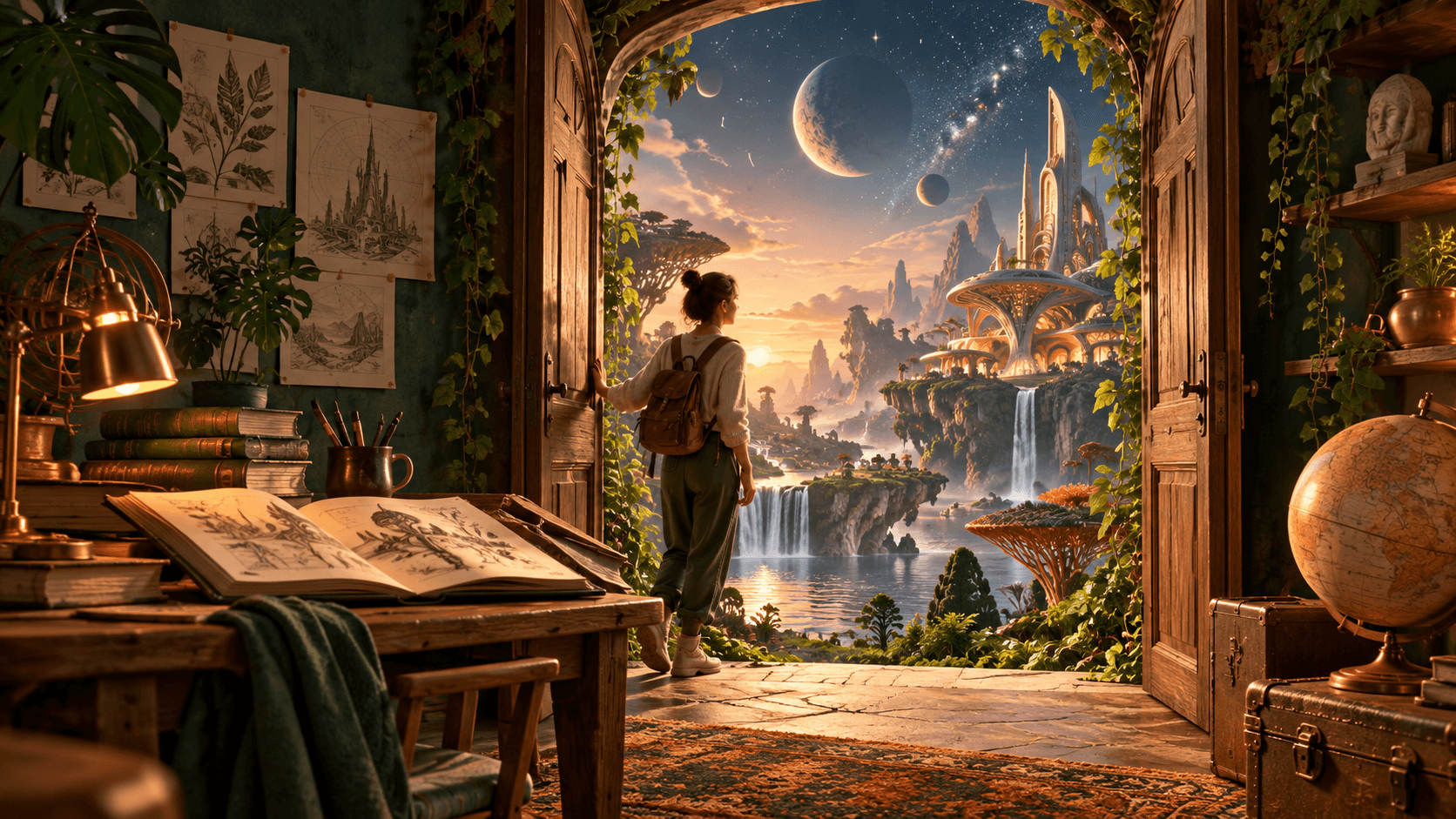 An open doorway revealing a vivid imaginative landscape of unusual plants, geometric architecture and unfamiliar stars