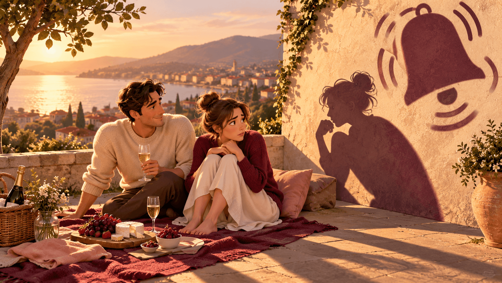 A couple sharing a calm picnic while one person's shadow becomes an oversized ringing alarm bell