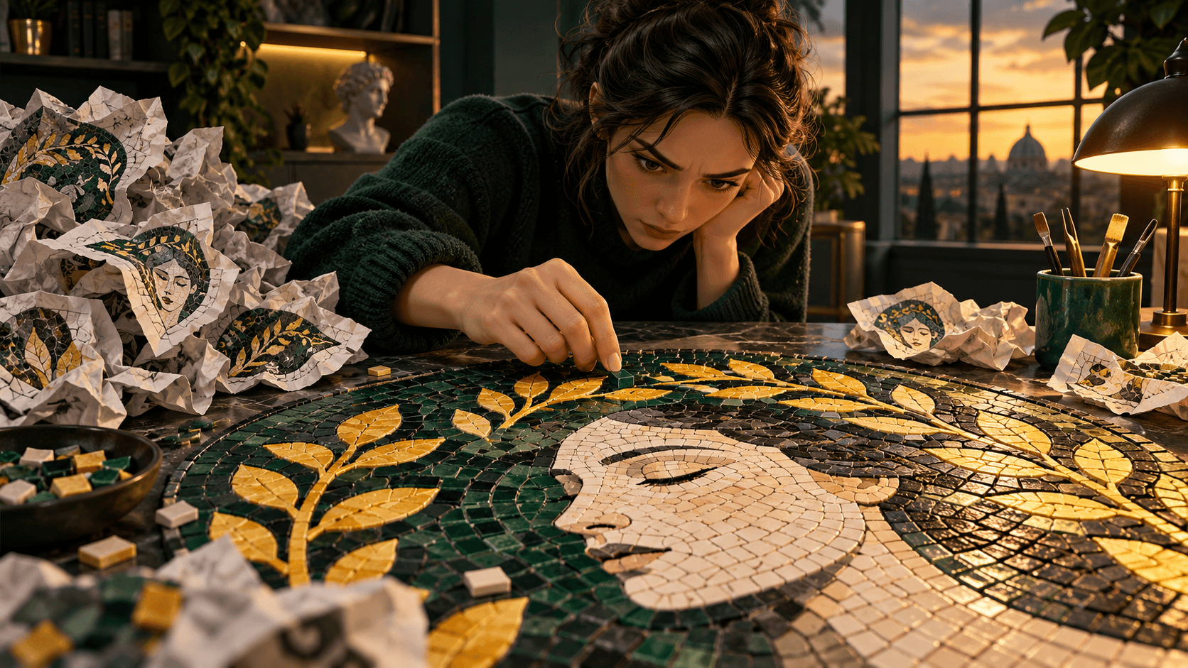 A hand repeatedly adjusting one tiny tile in an otherwise complete mosaic, discarded drafts piled nearby
