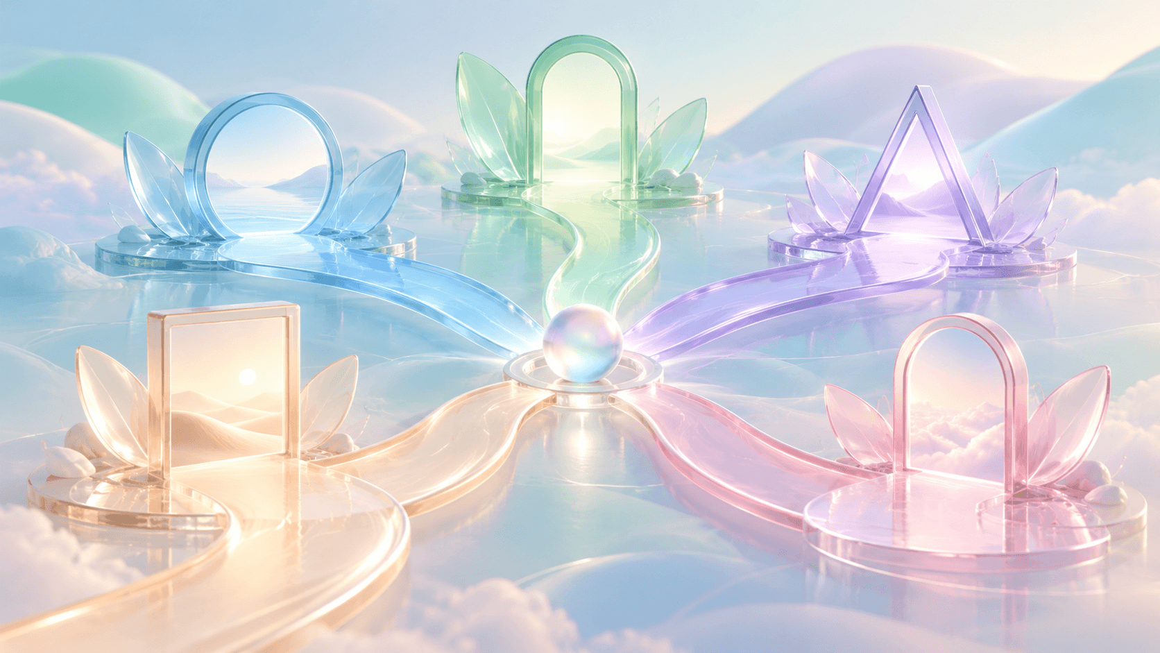 Five pastel glass paths branching from a single translucent sphere, representing personality-led career choices