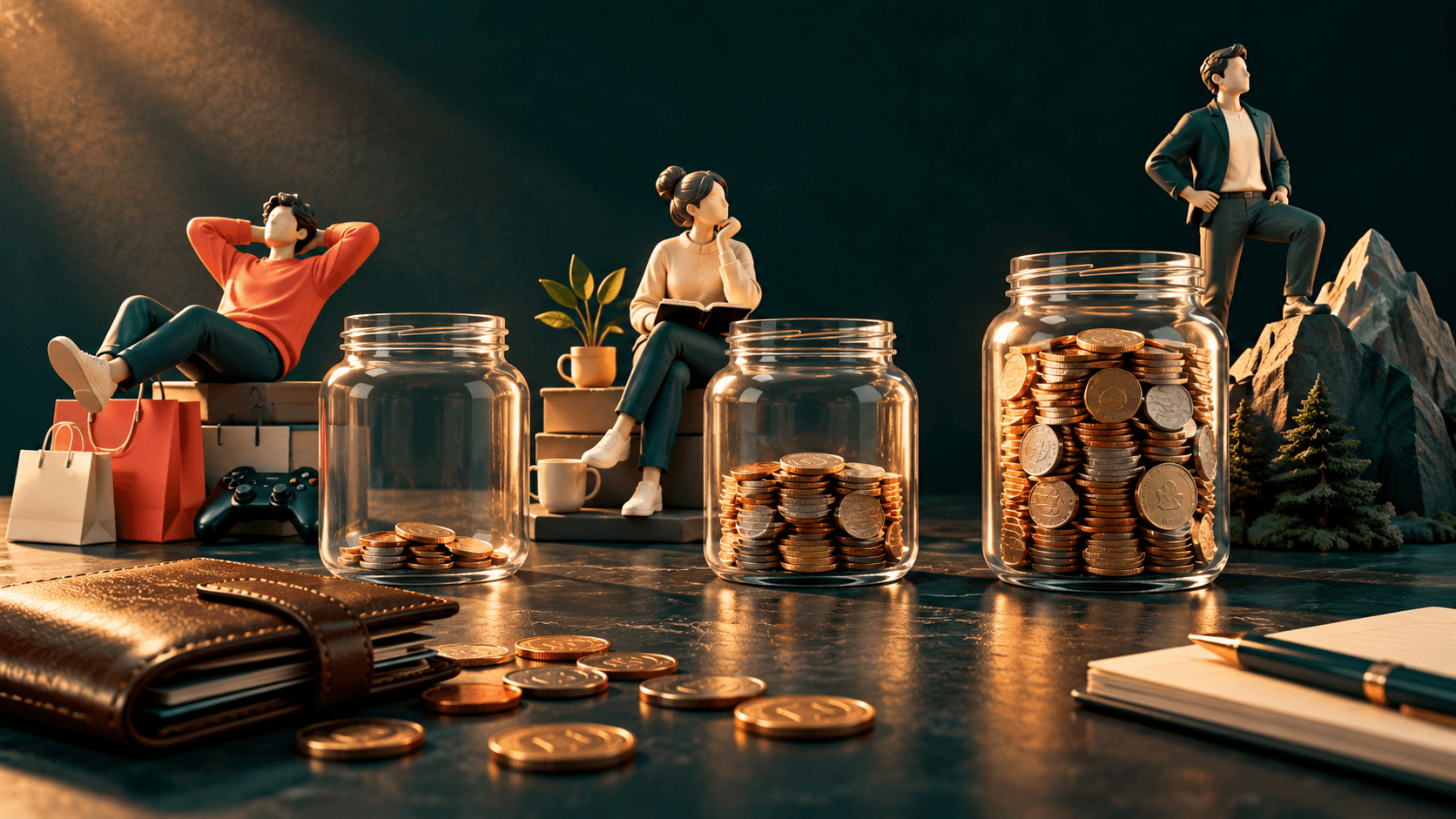 A wallet, coins and three differently filled savings jars beside distinct small human silhouettes