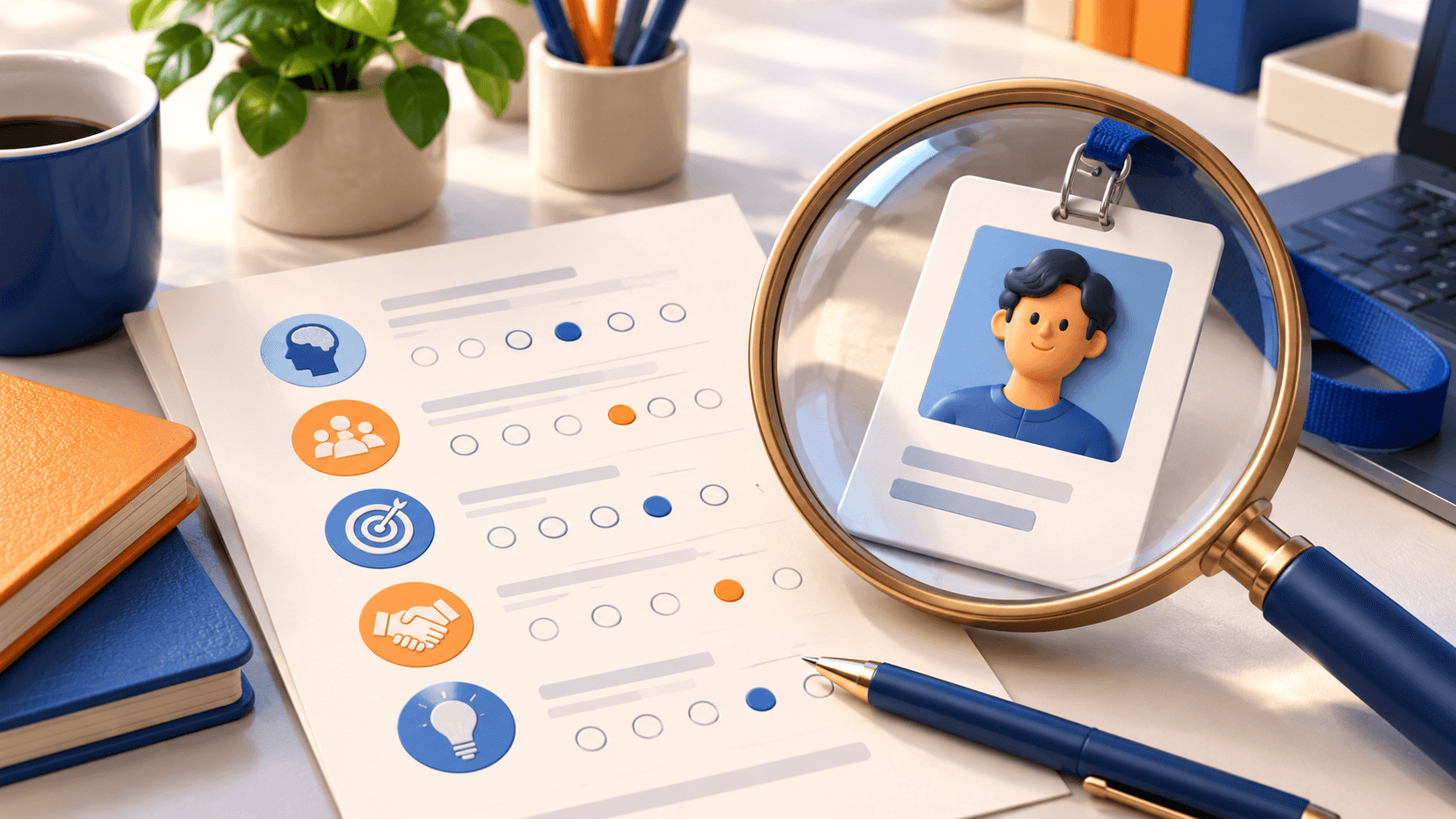 An office desk with a personality questionnaire and employee ID card under a magnifying glass