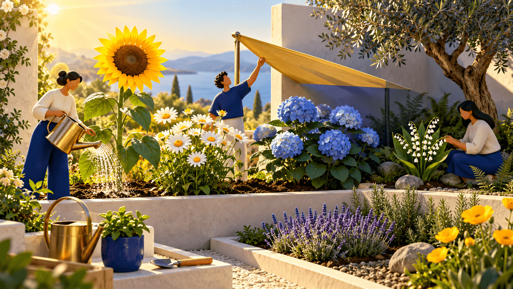 A small garden of different flowers, each receiving a different balance of sun, shade and water