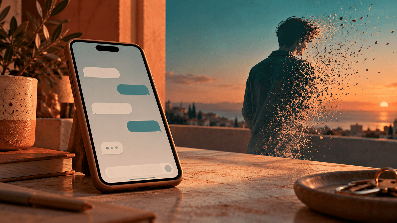A phone with an unfinished conversation, the other person's silhouette dissolving into empty space